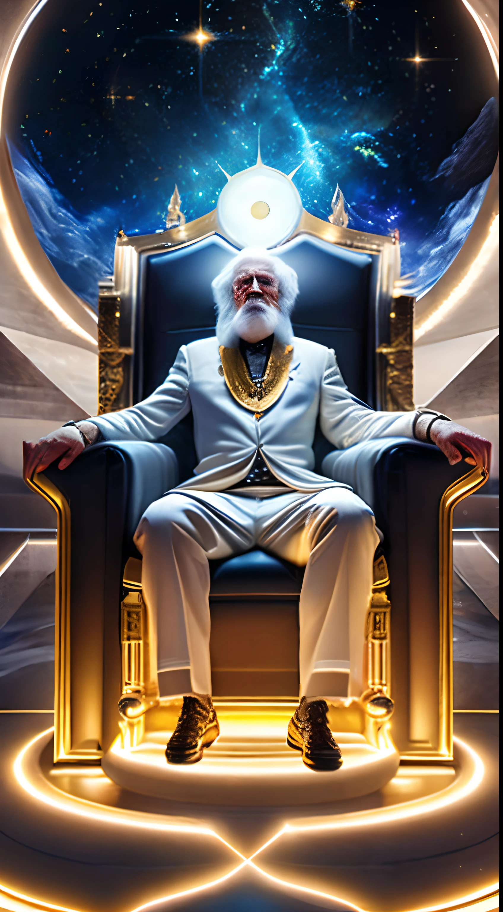 super high resolution, best quality, photo, 16k, (photorealistic: 1.2), cinematic lighting, An old man in the shape of a mythical god. Depict the god holding the sun and moon, enveloped by a radiant aura. Seat them on a magnificent throne within a cosmic backdrop, in bright white cloaks floating on the crystal throne, floating on crystal clouds, surrounded by the splendors of the universe. Pay meticulous attention to stunning details and achieve a resolution of 64K for an immersive and realistic visual experience. Let your work capture the essence of myth and wonder, leaving viewers in awe of its beauty and power.