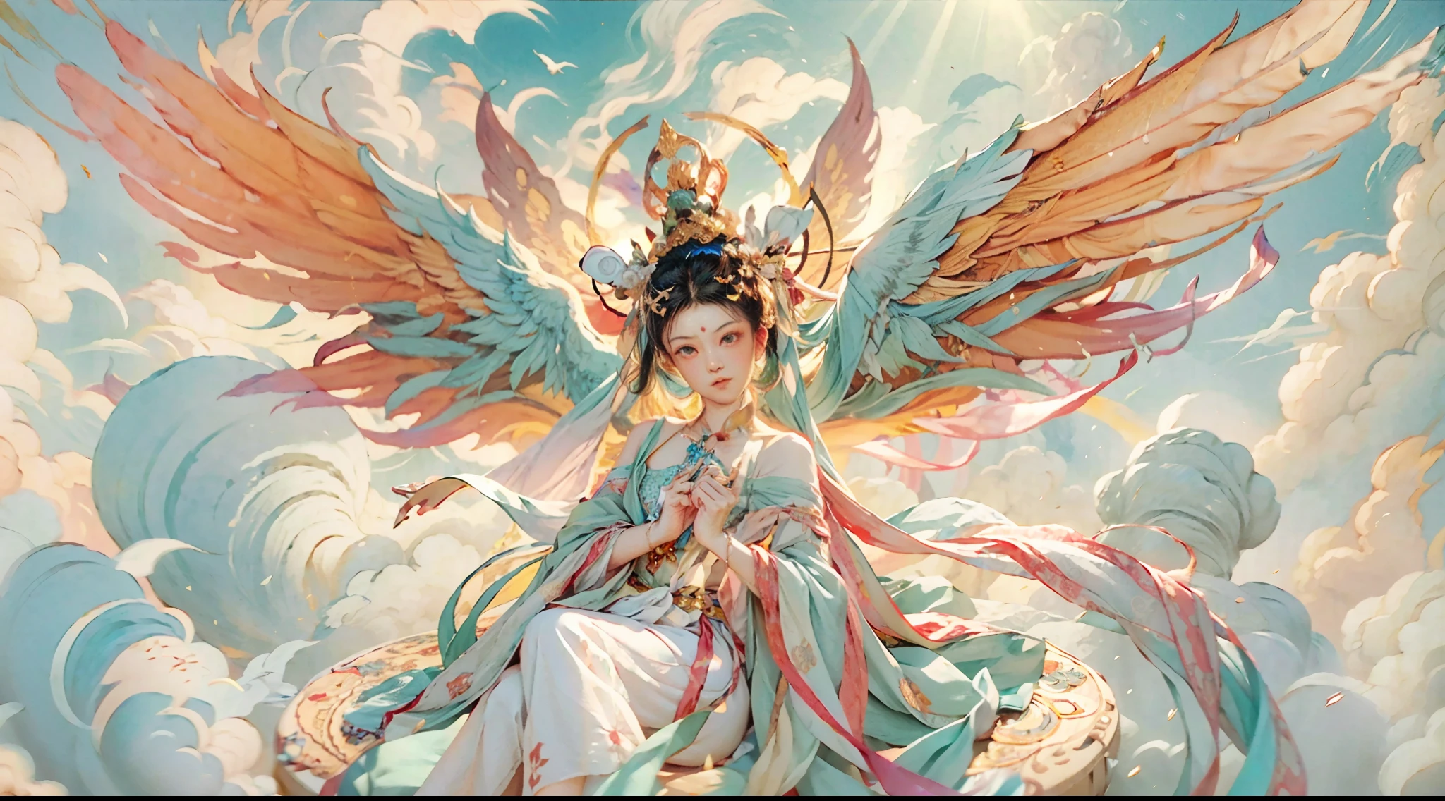 （Beauty fairy）, （Buddhism），（dunhuang）, （bodhisattva）, She flew in the air, Colorful silk cloth flutters，Clouds surround，（Delicate, Beautiful and beautiful facial features）, （White silk robe）, Foot on auspicious clouds，Frontal photo，Light smile, neo-classical, OP Art, Chiaroscuro, Cinematic lighting, god light, Ray tracing, character sheets, projected inset, first person perspective, hyper HD, Masterpiece, ccurate, Textured skin, Super detail, High details, High quality, Award-Awarded, Best quality, A high resolution, 8K，Ultra-high sharpness，Clear face