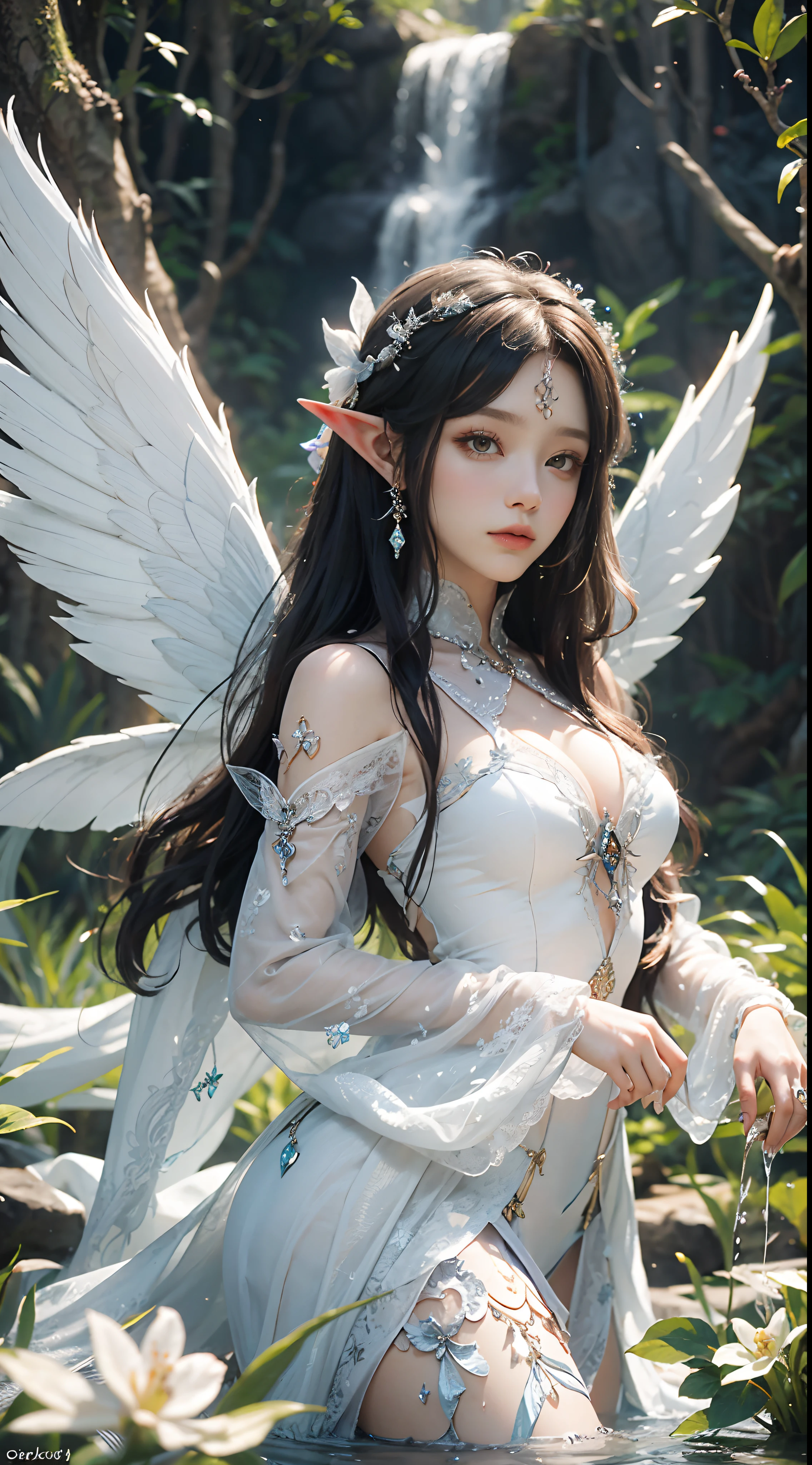 tmasterpiece,top-quality,orthofacial,Dressed in white,White angel wings,The feeling of being high,Elves flutter in the air,An ancient and mysterious palace,Fantastic white,A sense of fatalism,best qualtiy,Main layout,Light lighting,Ishimaru,the elf,Gauze sleeves,water fairy,closeup fantasy with water magic,Pixie in hand,Hand cast spells,Ethereal fantasy,fairy aesthetics,astral fairy,Beautiful Elf Queen,ethereal fairytale,fantasy aesthetic!,Fairy tale core,anime cosplaying,EtherealBeauty,Fantasy art style,Anime girl role play,Ethereal fantasy,Beautiful fairy in white
