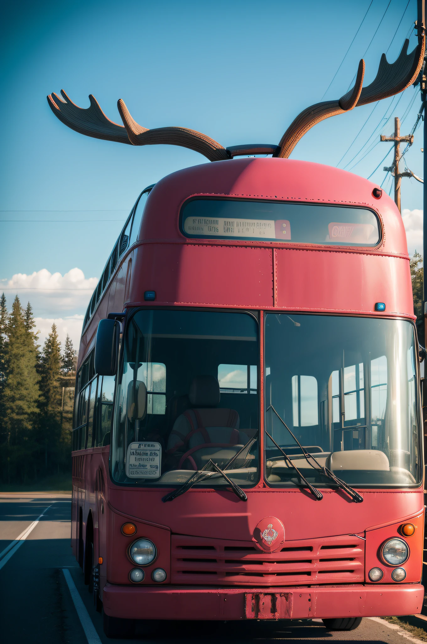 The Moose,
a bus journeys west,
the windshield flashing pink,
pink glancing off of metal,
brushing the dented flank of blue, beat-up enamel,