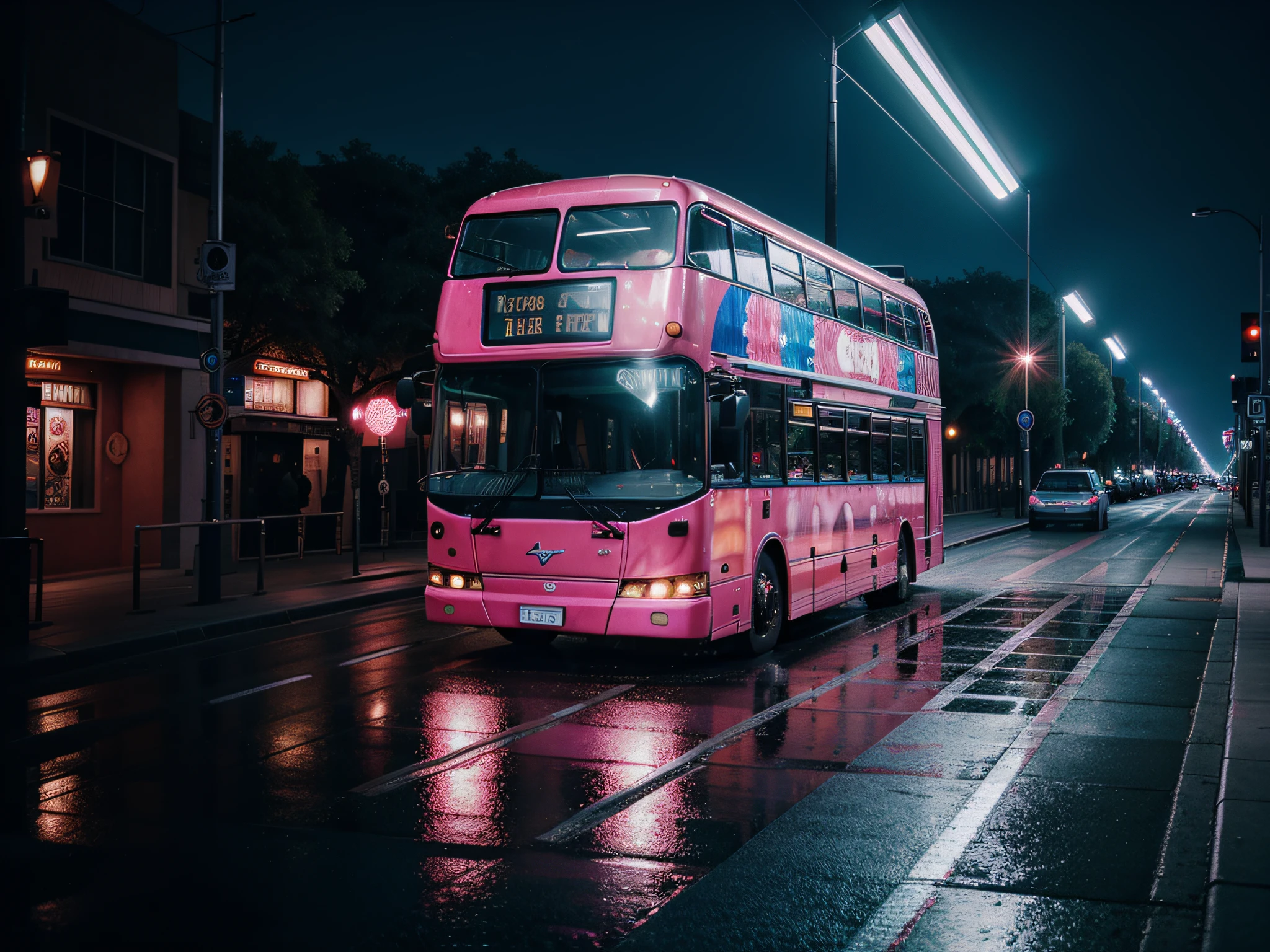 hyper realistic, a bus journeys west, the windshield flashing pink, pink glancing off of metal, brushing the dented flank of blue, beat-up enamel 64k resolution photorealistic Masterpiece by Ridley Scott, intricately detailed fluid painting, HD, professional photography, dark lighting, volumetric lighting maximalist photo illustration, 64k resolution concept art with intricately detailed, complex, elegant, expansive, fantastical, ultra sharp, 64k