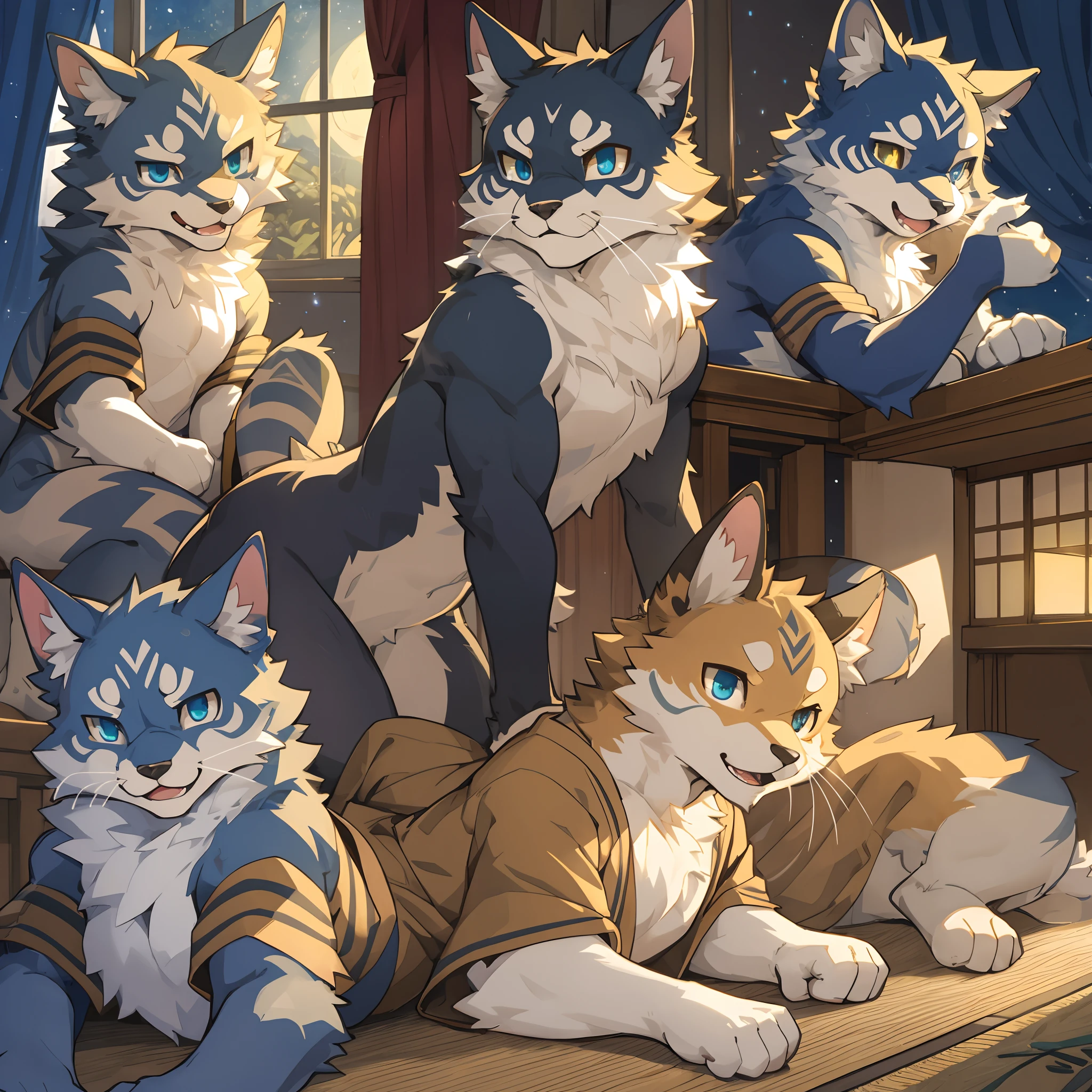 top quality, best quality, High-quality illustrations, masterpiece, super high resolution, detailed background, night, japanese house, swaying curtains, moonlight from windows, footprints on the floor, enigmatic presence, 6+boys, 6+girls, absurdres(highly detailed beautiful face and eyes)perfect anatomy, expression, good lighting, cinematic shadow(kemono, furry anthro)assorted poses, dynamic angle,