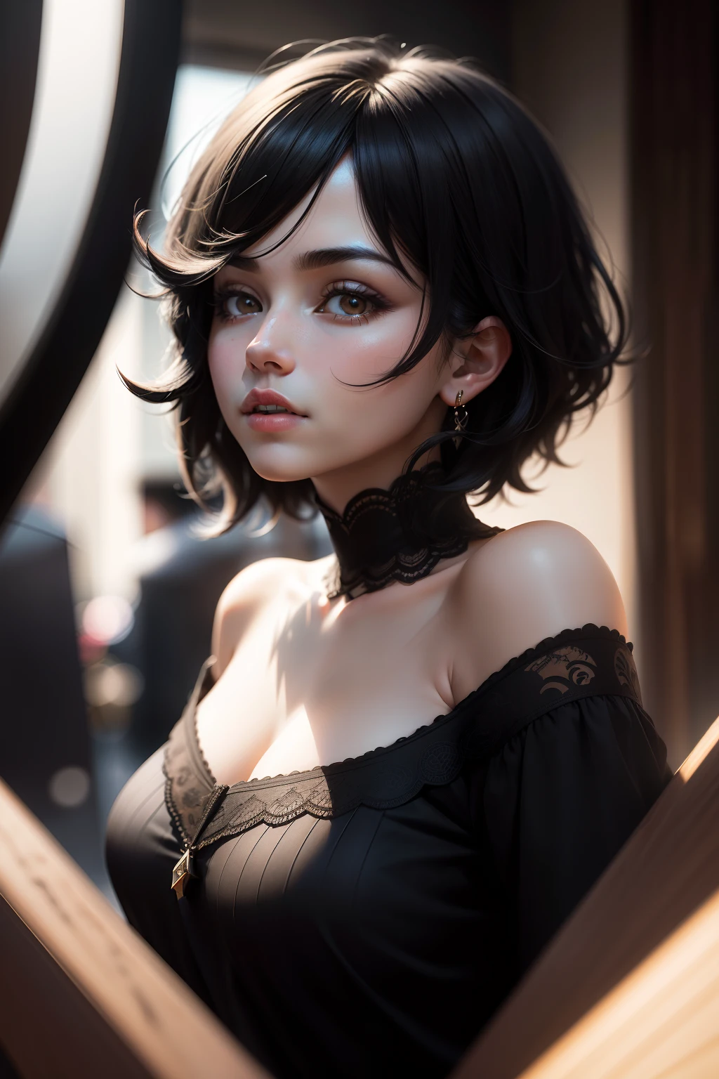black hair, depth of field, drop shadow, stereogram, social media composition, projected inset, cinematic lighting, Cubism, Verism, high details