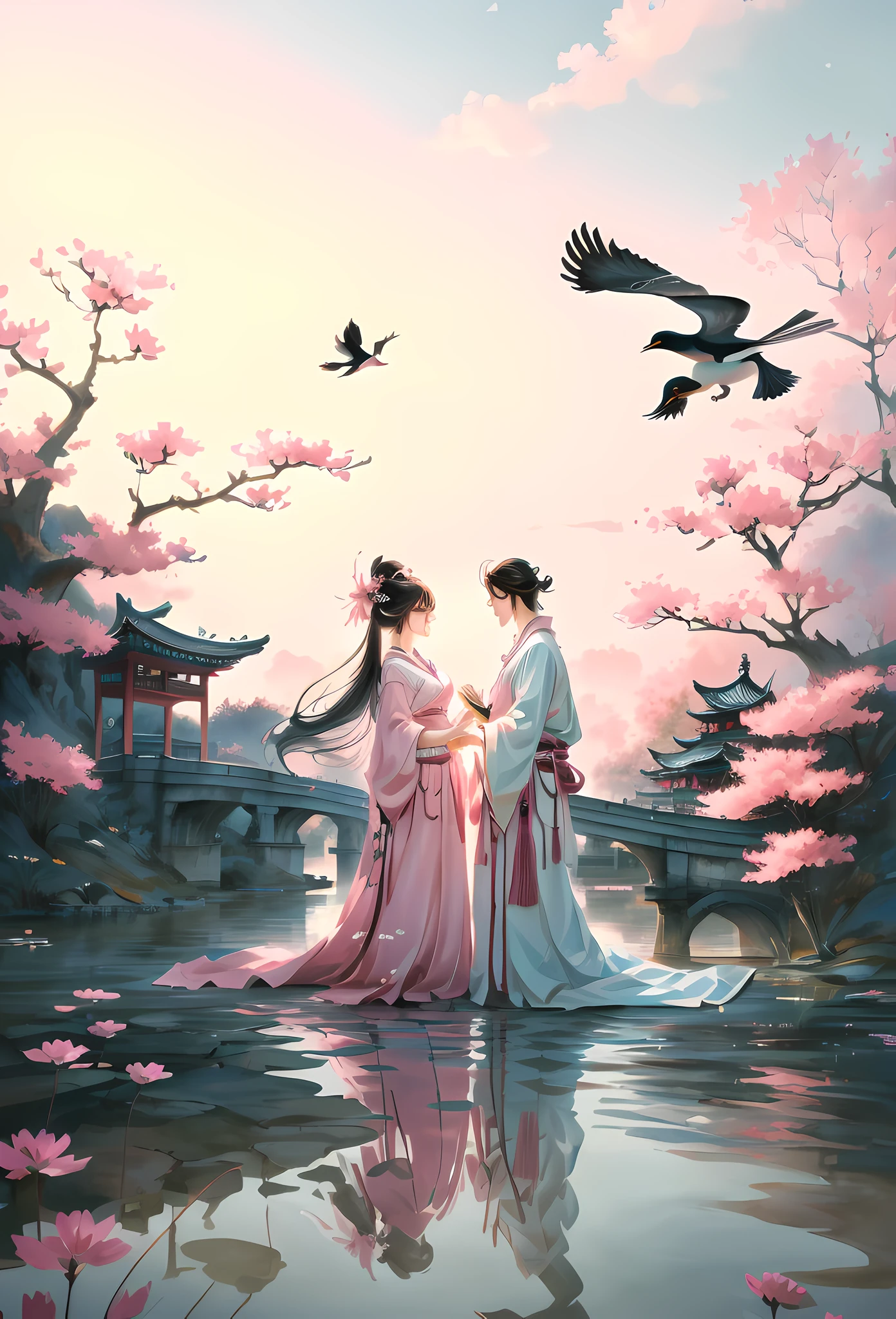 aquarelle，A couple standing on the bridge，The barefoot，Hanfu，Chinese style clothes，Arched bridge，Husband and wife look at each other，beautiful anime scenes，Loves，Reflection on the surface of the water，magpie，In pink，delicated，HighestQuali，（tmasterpiece：1,2），best qualtiy，tmasterpiece，Original，extremelydetailedwallpaper，Perfect lighting，（extremaly detailed cg:1.2）