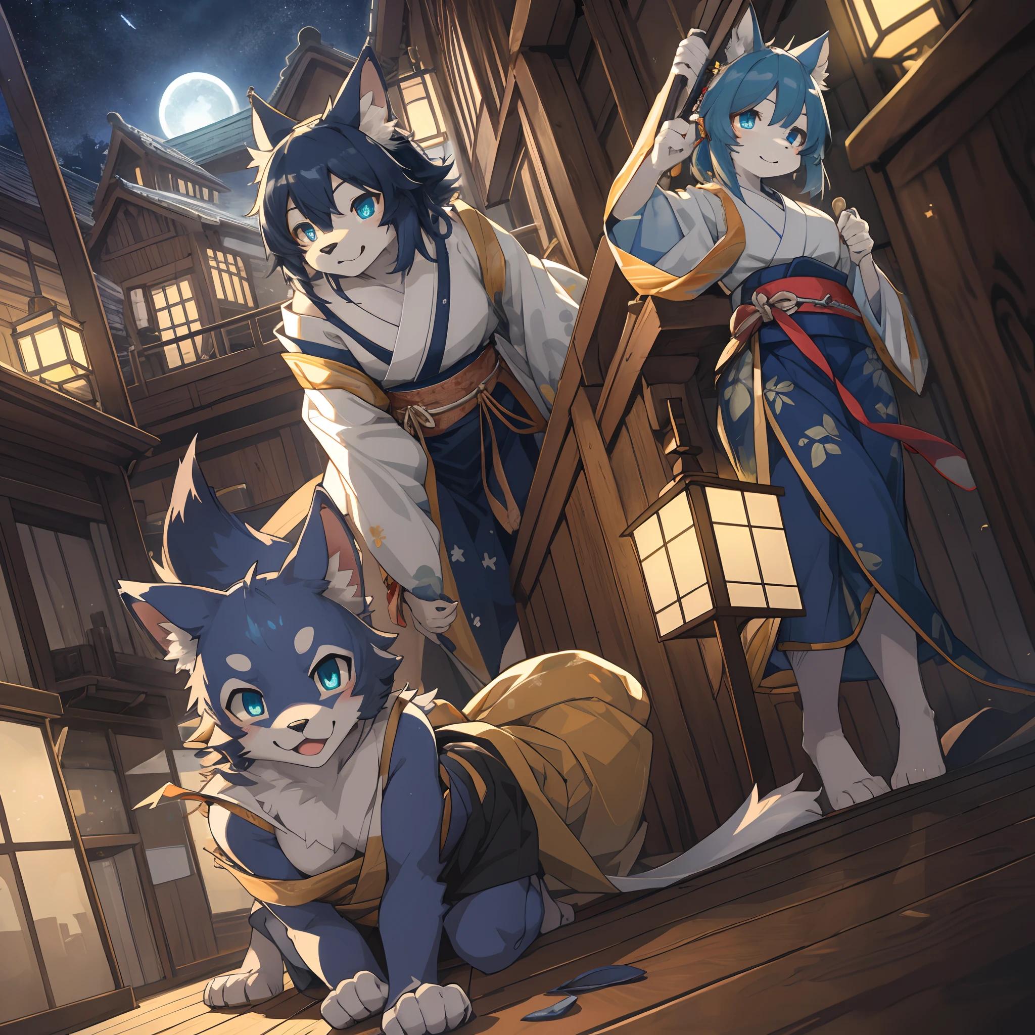 top quality, best quality, High-quality illustrations, masterpiece, super high resolution, detailed background, night, japanese house, swaying curtains, moonlight from windows, footprints on the floor, enigmatic presence, 6+boys, 6+girls, absurdres(highly detailed beautiful face and eyes)perfect anatomy, expression, good lighting, cinematic shadow(kemono, furry anthro)assorted poses, dynamic angle,