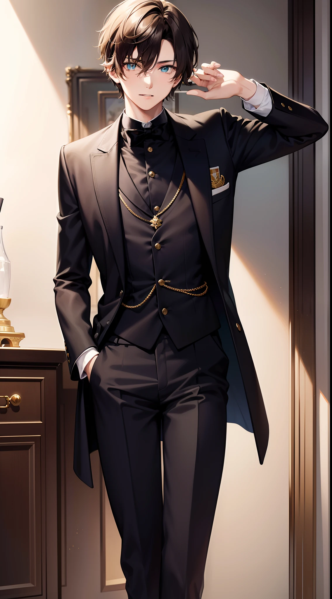 Young guy, short brown hair, Cyan eyes, Black suit with gold elements, Masterpiece, hiquality