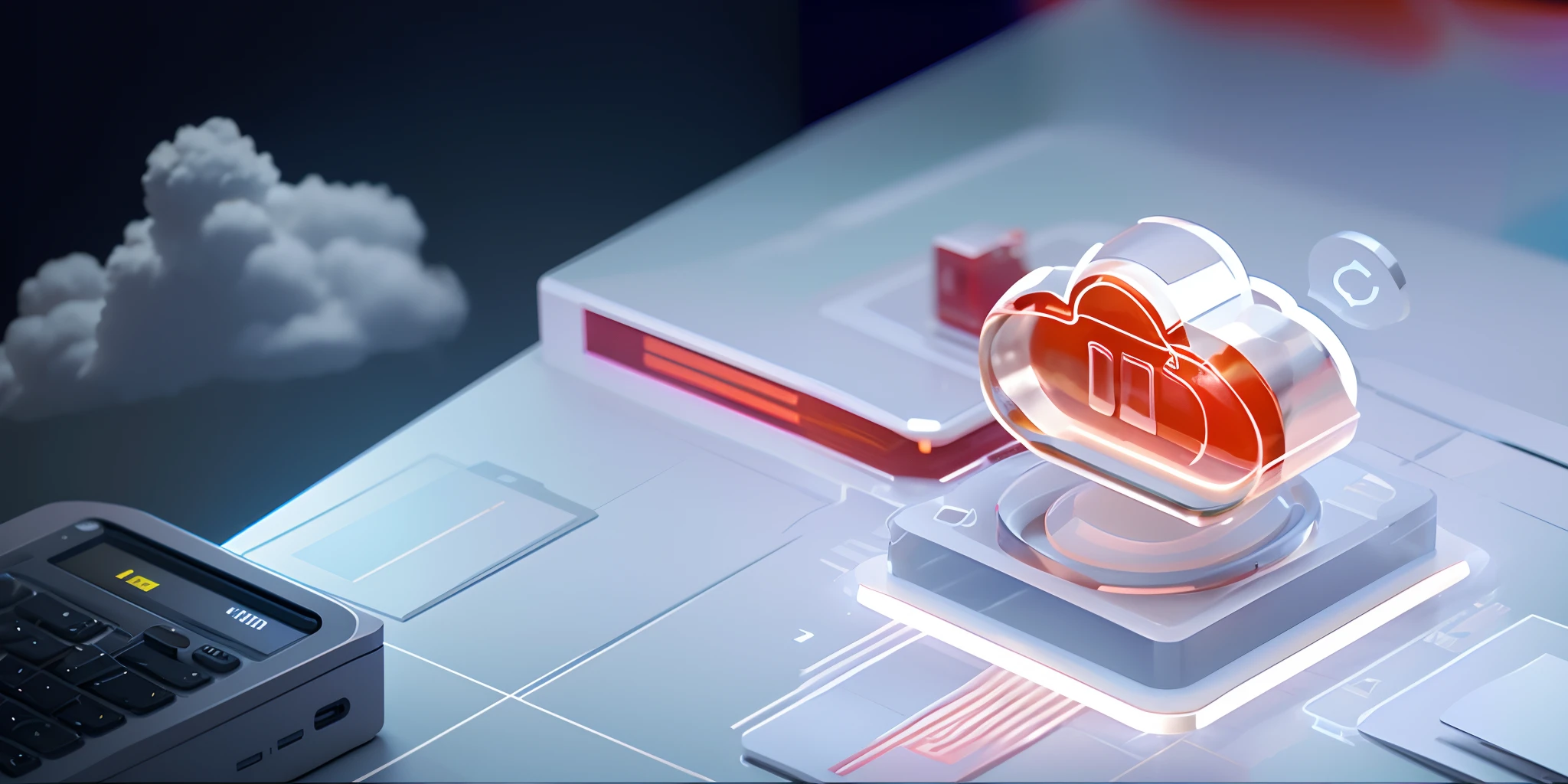 There is a cloud-shaped device on top of the computer keyboard, depicted as a 3 d render, cloud server, Cloud, redshift houdini, on a dark background, rendered in cinema 4 d, Rendered in Cinema4D, cloud storage, computer render, clean digital render, stylized as a 3d render, Rendered in redshift