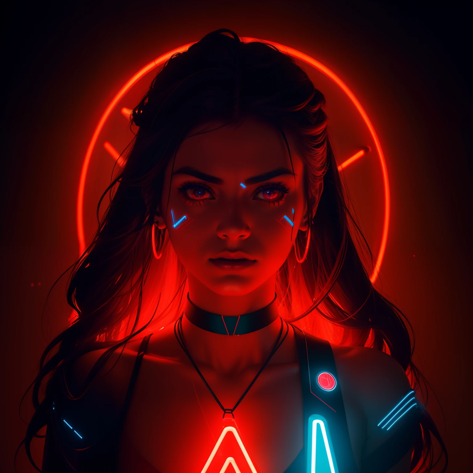 arafed woman with glowing neck and neck piece in dark room, red glowing skin, red neon lights, neon light language, red and cinematic lighting, with glowing runes on the body, neon light showing injuries, red neon lights inside it, red neon light, inspired by Elsa Bleda, neon lit, glowing red, red lighting on their faces