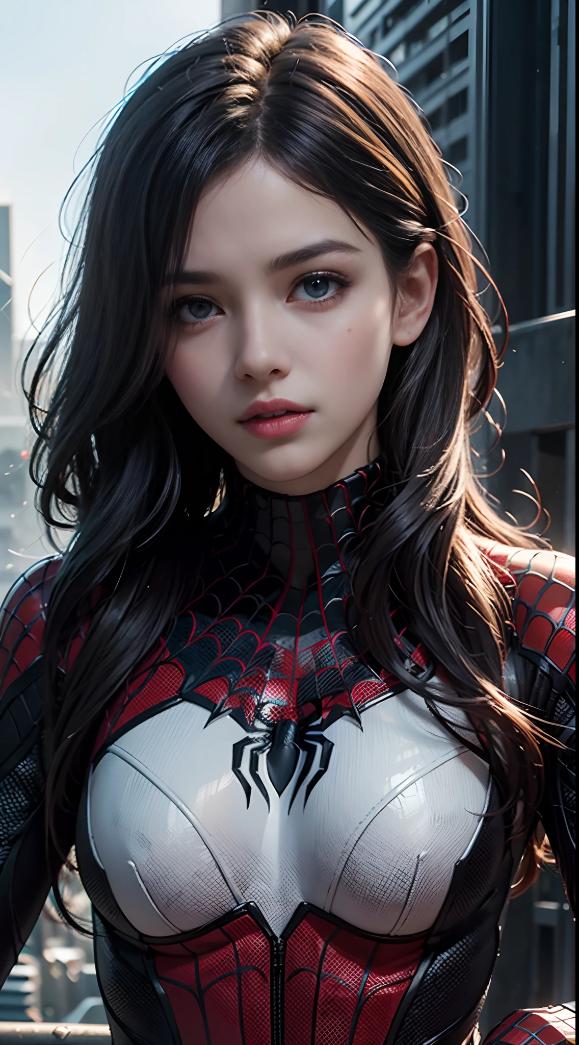 (1girl:1.3), Solo, (((Very detailed face)))), ((Very detailed eyes and face)))), Beautiful detail eyes, Body parts__, Official art, Unified 8k wallpaper, Super detailed, beautiful and beautiful, beautiful, masterpiece, best quality, original, masterpiece, super fine photo, best quality, super high resolution, realistic realism, sunlight, full body portrait, amazing beauty, dynamic pose, delicate face, vibrant eyes, (from the front), She wears Spider-Man suit, red and black color scheme, spider, very detailed city roof background, rooftop, overlooking the city, detailed face, detailed complex busy background, messy, gorgeous, milky white, highly detailed skin, realistic skin details, visible pores, clear focus, volumetric fog, 8k uhd, DSLR, high quality, film grain, fair skin, photo realism, lomography, futuristic dystopian megalopolis, translucent