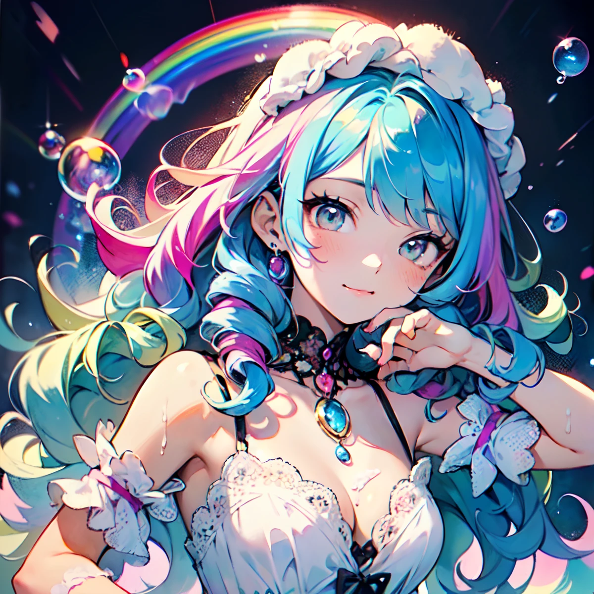dreamily cute、 a pale、Moya、 (​masterpiece、 top-quality、 top-quality、 watercolor paiting (Curly)、 The upper part of the body、 (rainbow-colored hair : 1.2) 、 Soap bubbles、 Rainbow behind、​​clouds、 colourfull、Soap bubbles、 Spread throughout、 kawaii、 pastels、 sweets、 Loose fluffy