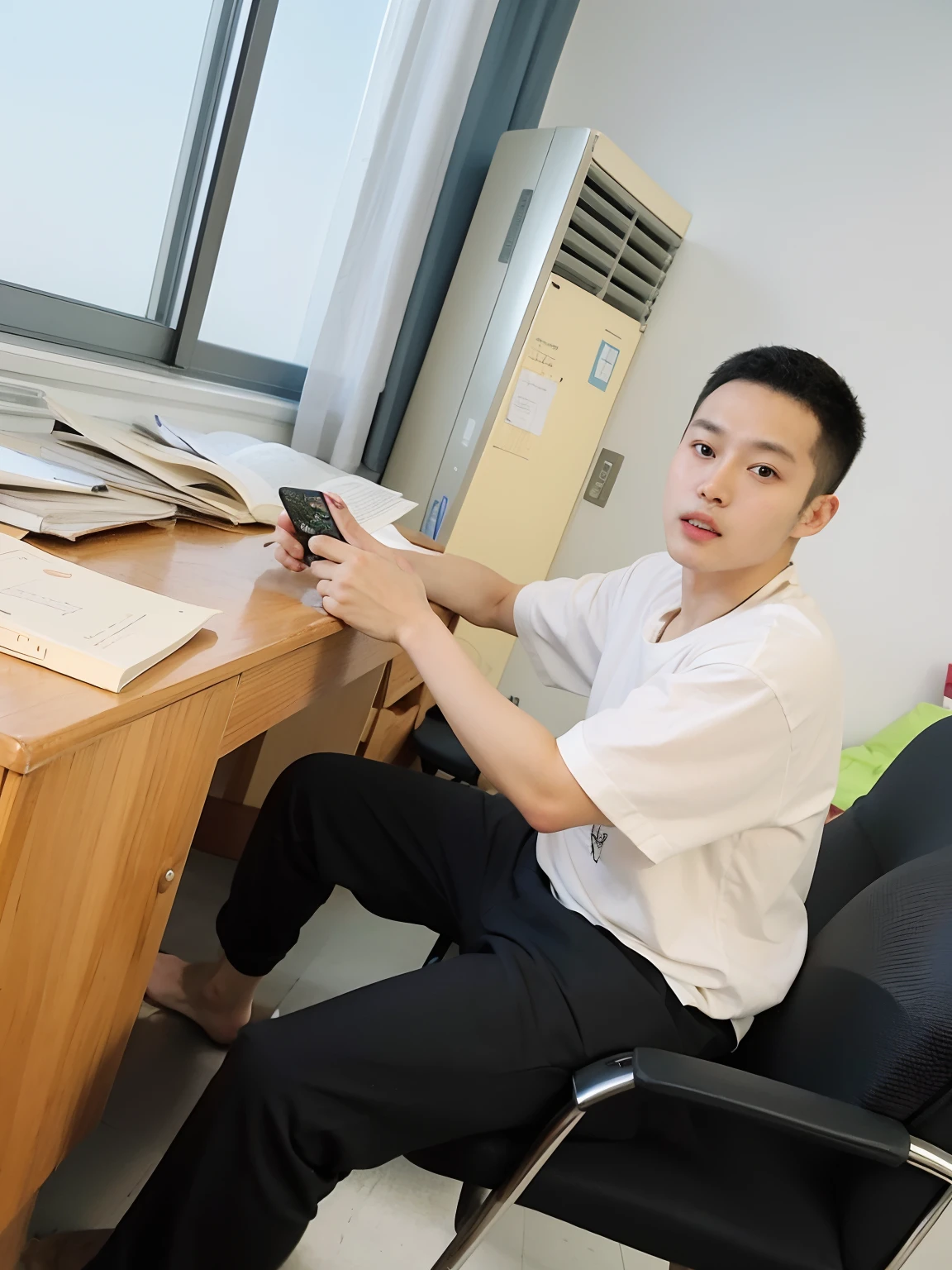 There is a man sitting at the desk holding a mobile phone, Chen Xintong, Jin Yiwei, Yihao Jiejie, Lin Wenjun, Zeng Fanqian, sitting at the desk, Cai Xukun, Wang Qichao, Student, Cheng Yanjun, Li Zixin, Xiang Duan, Xue He, Wang Wei, Shen Mingchen photo turned into a handsome boy in the style of anime comics