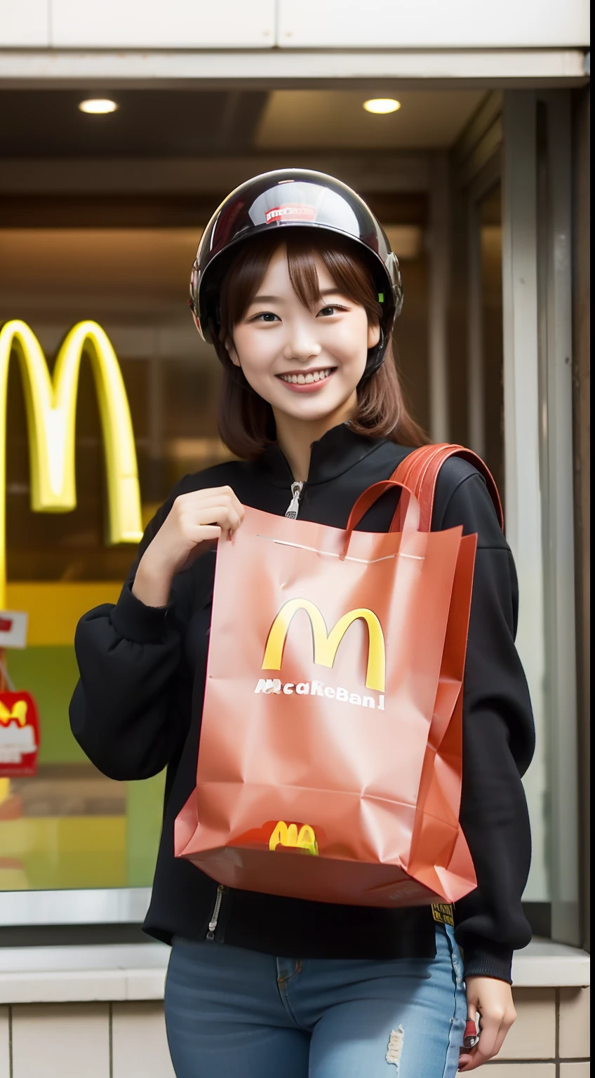 Worn by a 20-year-old woman (Red) (motorcycle helmet), (lifted up)( McDonald's bags), Look at the camera with a sweet smile
