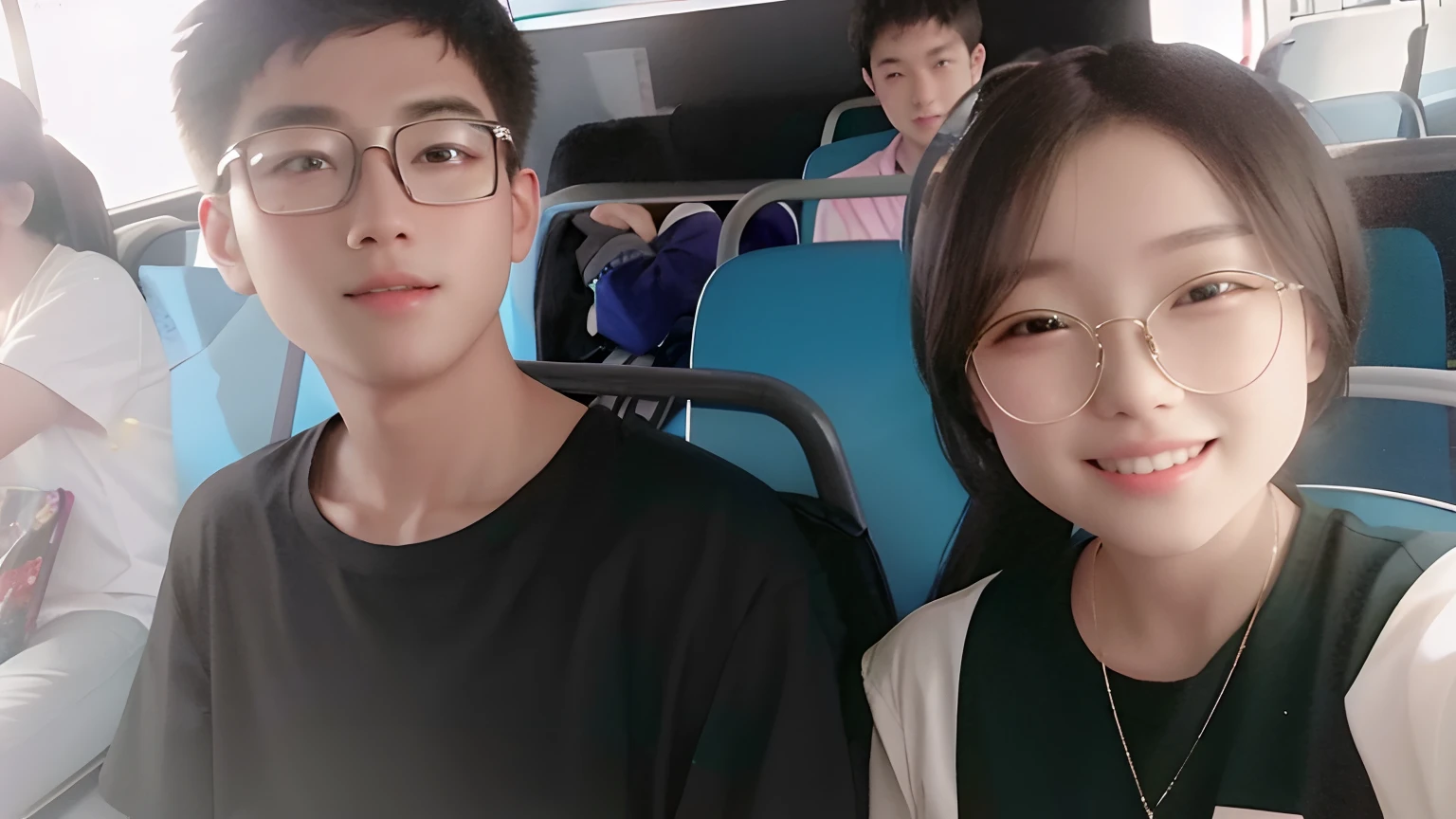 There were two people sitting on the bus with children, Ruan Jia and Fenghua Zhong, yanjun cheng, Chen Zezhou, Li Zixin, With glasses, wenfei ye, 8k selfie photograph, with her long, ruan jia and brom, wenjun lin, Cai Xukun, xintong chen, Shin Kim Young The background is changed to anime style