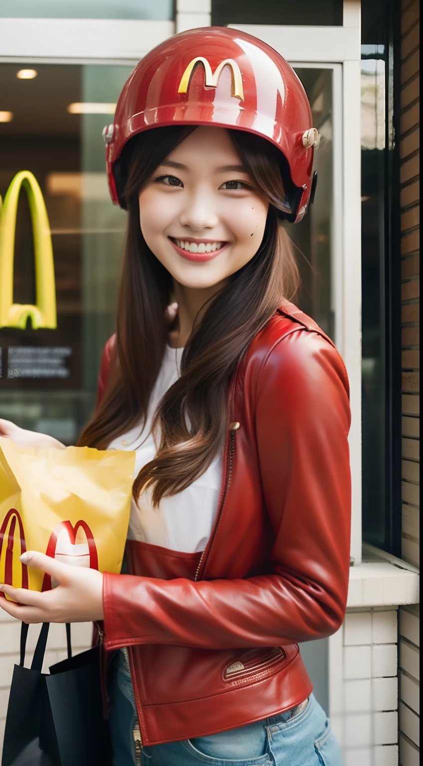Worn by a 20-year-old woman (Red) (motorcycle helmet), (lifted up)( McDonald's bags), Look at the camera with a sweet smile