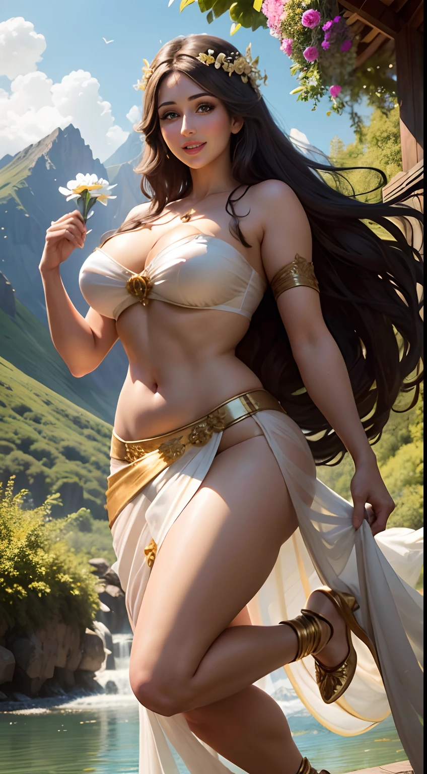 Lucy Pinder as a fairy, levitating beside a lake, flowers in hand, dark brown long hair, beautiful, one hand raised, wearing a white silk strapless bra and a transparent full sarees, wearing heavy gold ornaments, big smile, full body, mountains in background, photorealistic, High resolution
