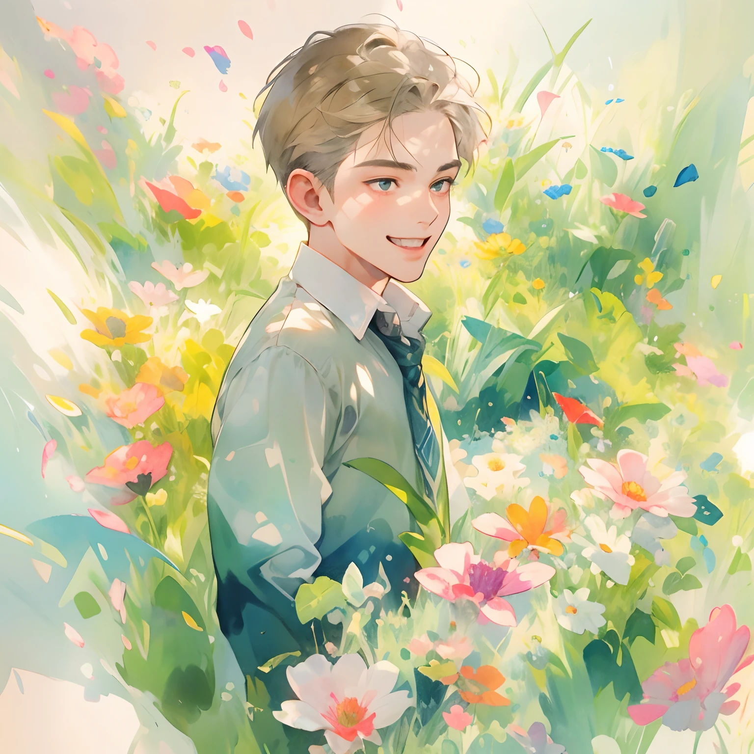 （best qualtiy，tmasterpiece，aquarelle，Splash ink），1 portrait of a handsome and cute boy，Sunny and cheerful，Background Petals drifting