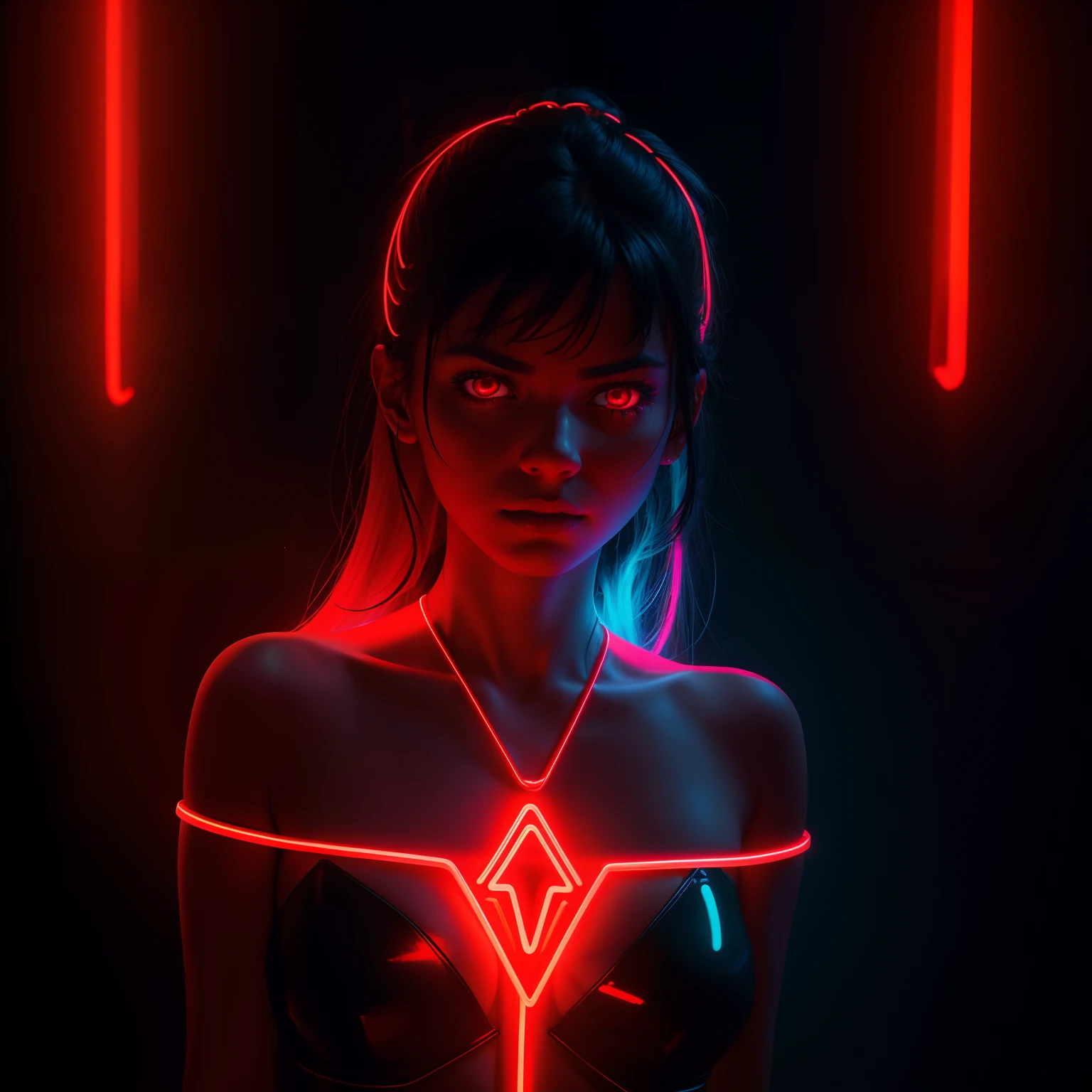 arafed woman with full body, glowing neck and neck piece in dark room, red glowing skin, red neon lights, neon light language, red and cinematic lighting, with glowing runes on the body, neon light showing injuries, red neon lights inside it, red neon light, inspired by Elsa Bleda, neon lit, glowing red, red lighting on their faces