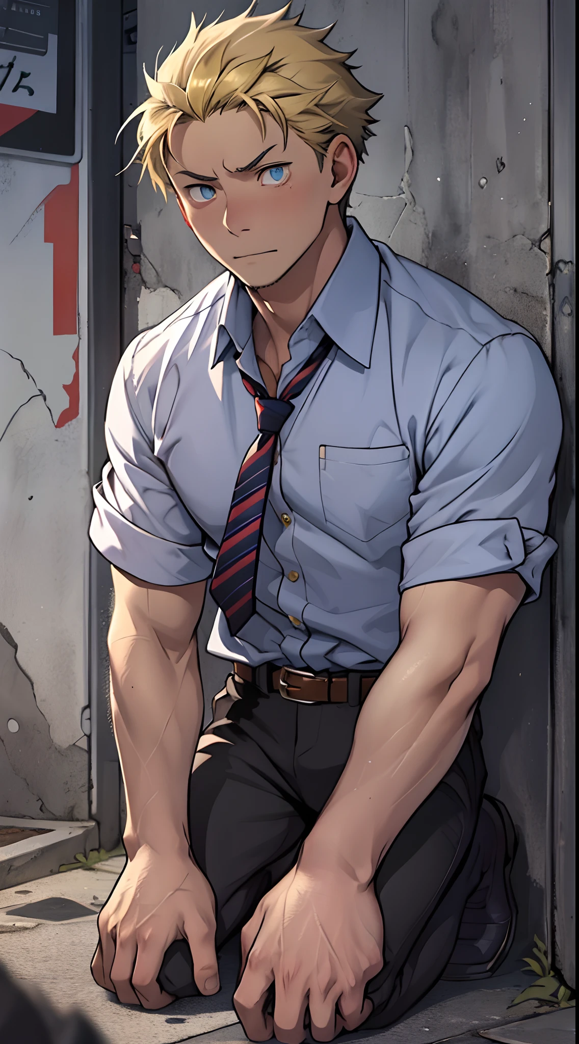 (1 Adult male),A high resolution, Sharp focus, Pixiv masterpiece, ((Complicated details)), highly detailed, natsuki_subaru, 1 man,black-skinned,Defeat, crestfallen,full bodyesbian,kneels on the ground, (A gesture of pleading),blue color eyes(eyes glowing), Short yellow hair,white shirt,Wear a tie,Wear a belt,perspire,look from down
