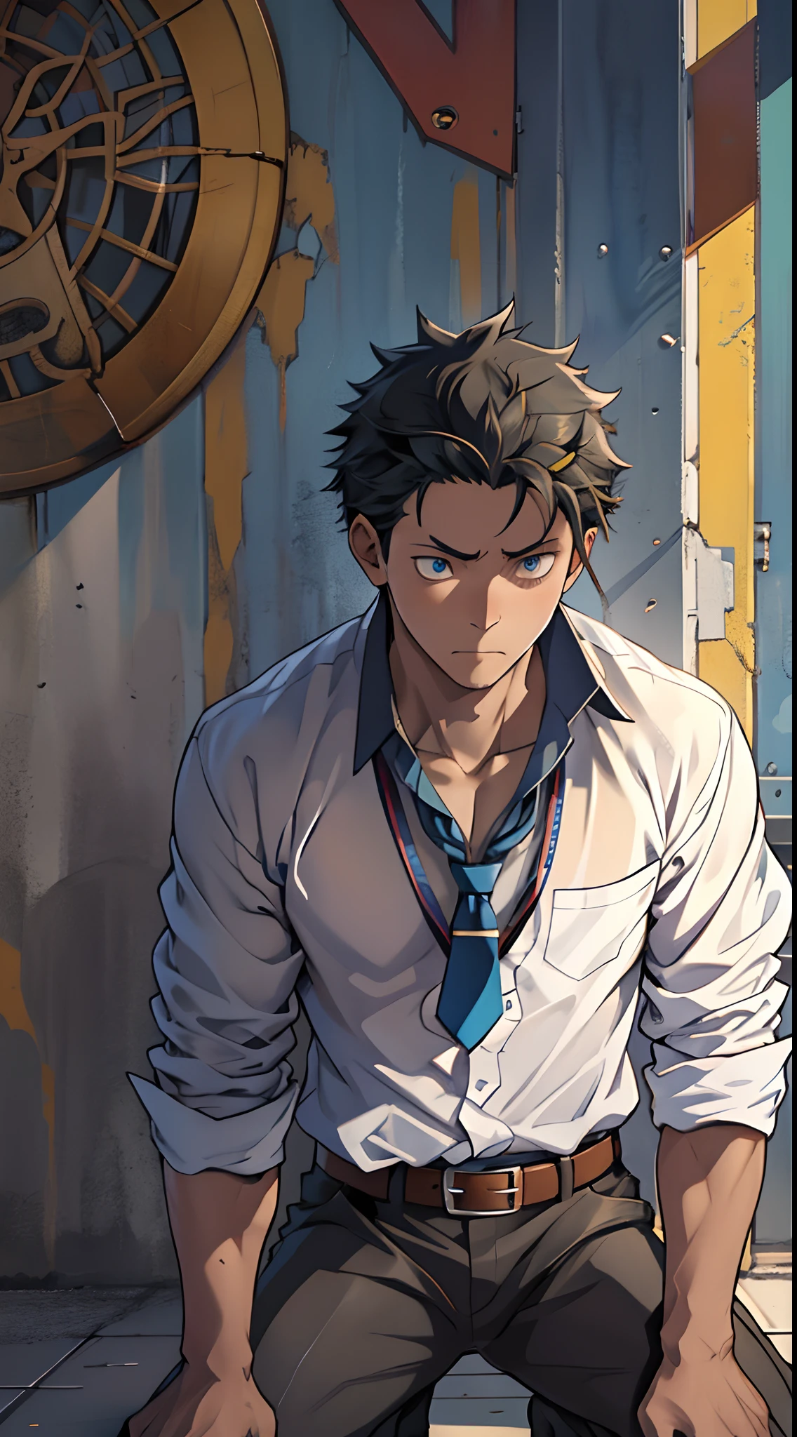(1 Adult male),A high resolution, Sharp focus, Pixiv masterpiece, ((Complicated details)), highly detailed, natsuki_subaru, 1 man,black-skinned,Defeat, crestfallen,full bodyesbian,kneels on the ground, (A gesture of pleading),blue color eyes(eyes glowing), Short yellow hair,white shirt,Wear a tie,Wear a belt,perspire,look from down