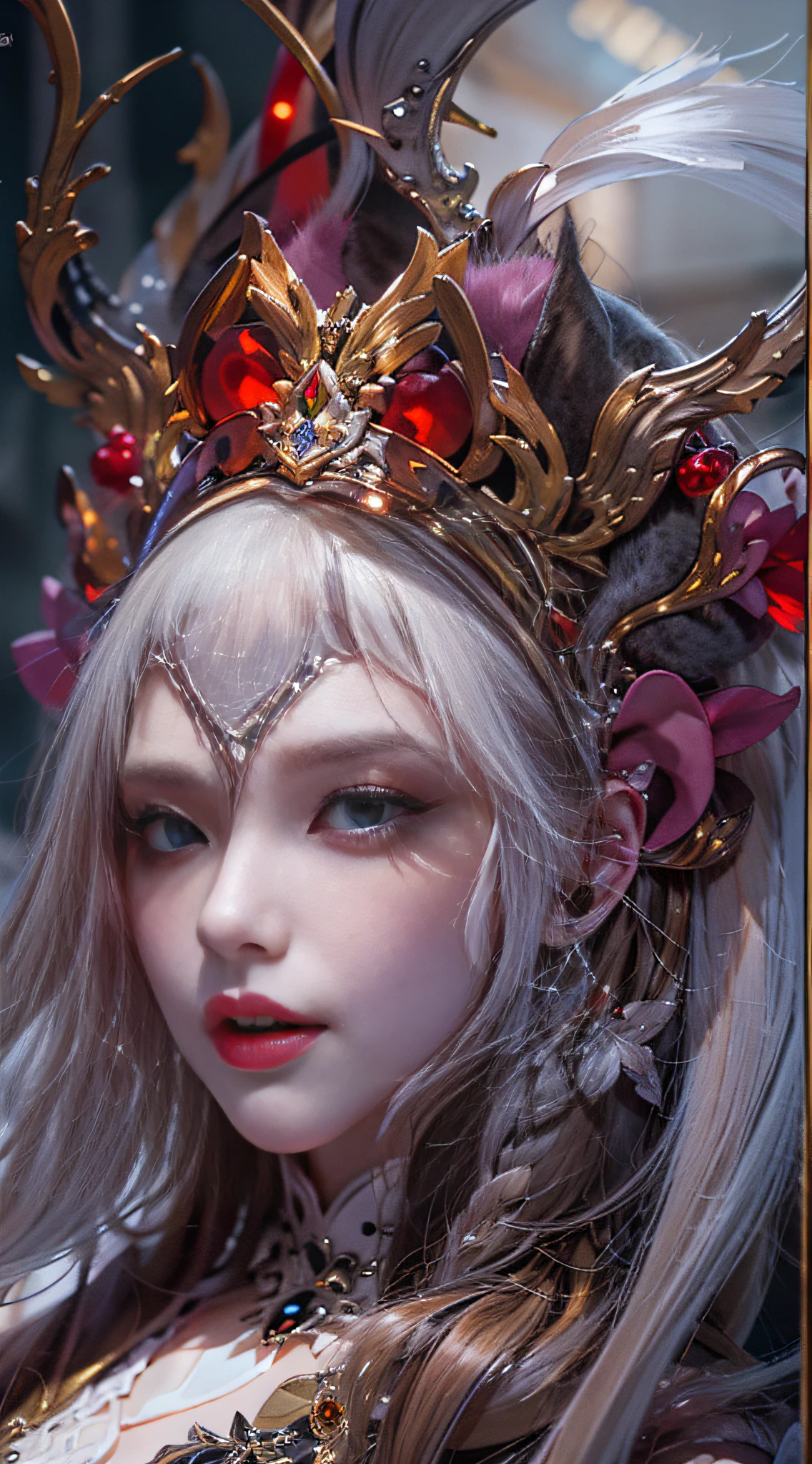 Ice Woman Princess，Volumetriclighting，highly  detailed，Style 3/4，photographrealistic，Blurry Bokeh，High detail close-up head，facing at the camera，Realistic digital painting portrait of Gothic female blood elf，（curlies：1.1），（the hair：1.3），The magical crimson universe，Magic cloth armor，Red and yellow are carved in intricate detail，（abstract backgrounds：1.2），（light particules：1.1）， （Very detailed skin：1.2），（game concept：1.3），（Eldon ring style：1.3），（Arcane style：0.8），（depth of fields：1.3），globalillumination，The art of Hoang Lap and Fuji Hoko and the art of Artgerm and Greg Rutkowski and Viktoria Gavrilenk（Very detailed CG unity 8k wallpaper，tmasterpiece，best qualtiy，ultra - detailed，beatiful detailed eyes：1.2），best illuminate，（The best shadow，Extremely refined and beautiful，blooms）， 1 Greer，独奏，red eyes，Heavy armor，long whitr hair，holding a sword，Angel wings，Black wings，Red jewelry，（large wings：1.4），Film filter，satan，Hellfire，full bodyesbian，The demons，火焰，