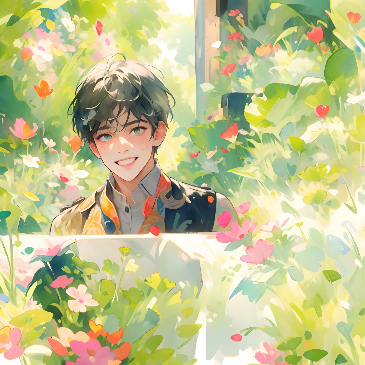 (best qualtiy,tmasterpiece,aquarelle,Splash ink),1 portrait of a handsome and cute boy,Sunny and cheerful,Background Petals drifting
