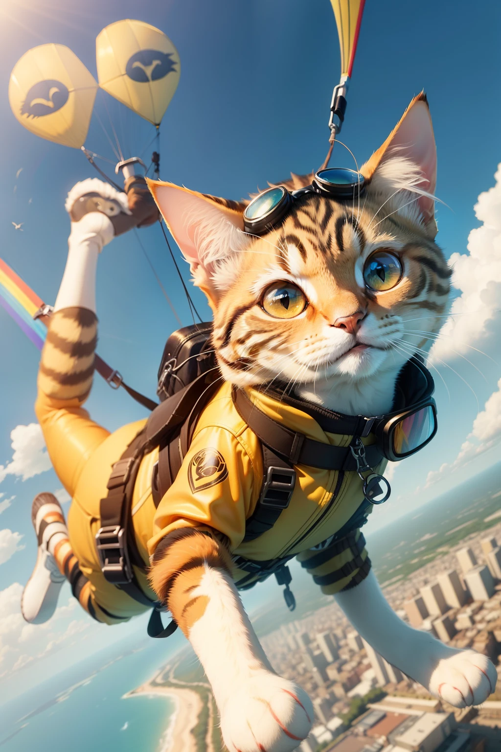 ((best qualtiy)), ((tmasterpiece)), Golden gradation cartoon cat,Amber eyes, Rainbow paragliding, Diving goggles