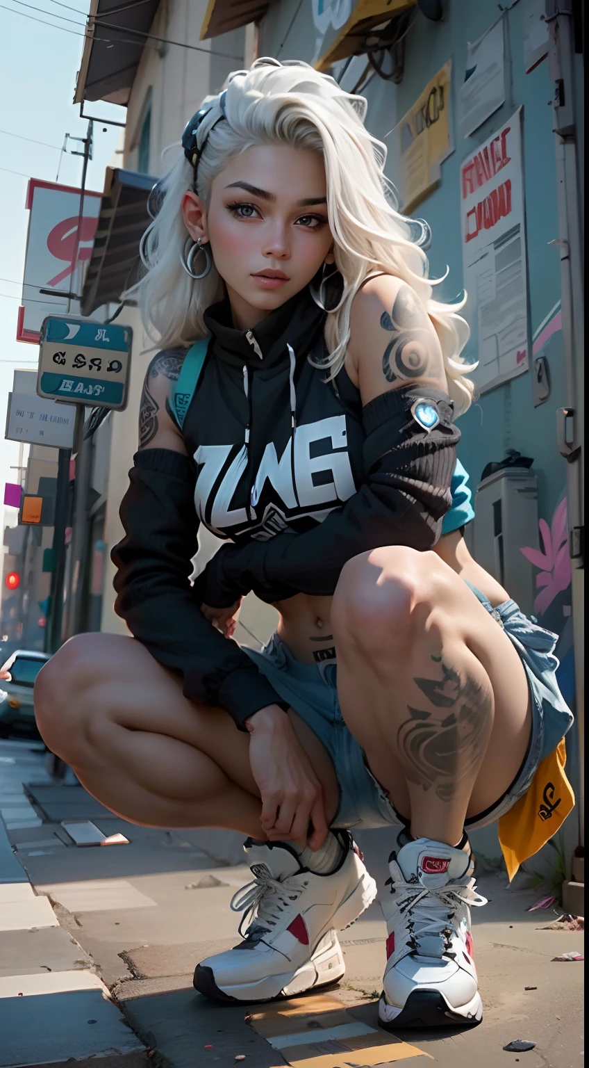 Beautiful cybernetic swarthy girl, iridescent hair,looking at the camera, , detailed muscles, A realistic masterpiece,in the style of hip-hop,The whole body is tattooed,grafffiti,Squatting