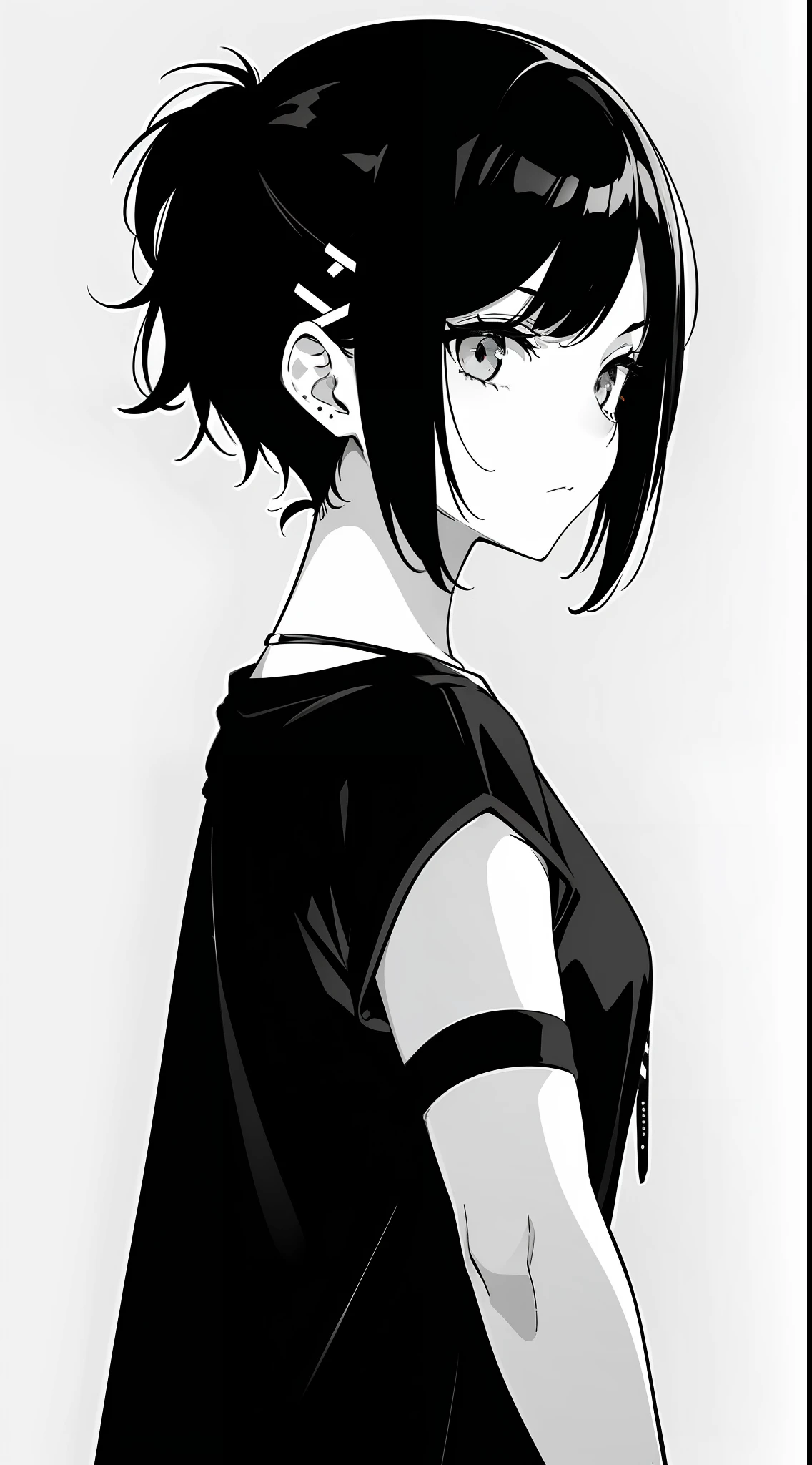 girl, side portrait, black and white, messy short hair, edgy accessories,sporty style, casual t-shirt, confident gaze, monochrome color scheme, looking to the side, chic street fashion, casual hands in pockets pose,head,((a person)),Hairpin