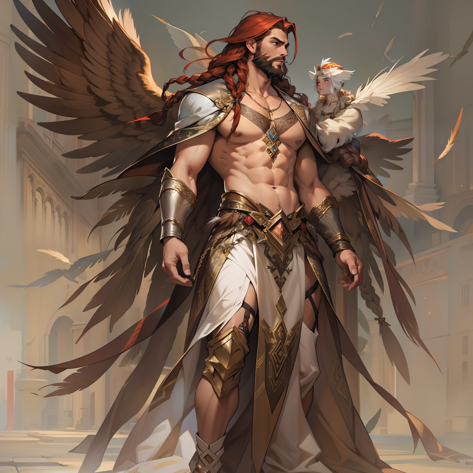 He is an Archangel. He has very long auburn hair that reaches the middle of his back, adorned with a few braids and decorated with feathers. He is extremely tall with a beard and dark brown eyes. He is known as a gentle giant. He is wearing women's Lingerie.