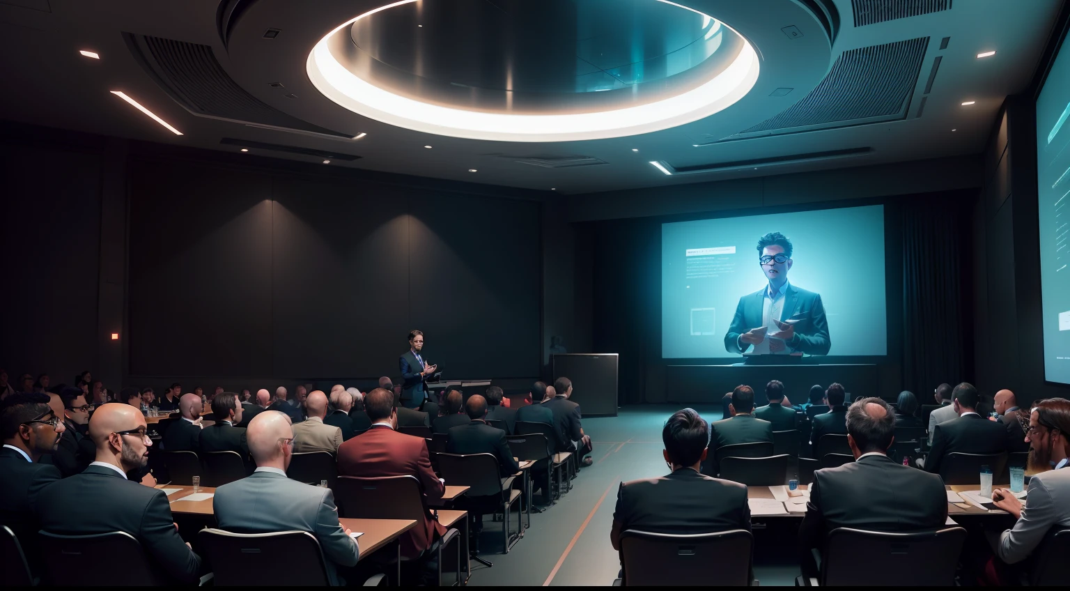looking at from the front,Futuristic Seminar Venue,Male lecturer with intelligent glasses, ,Packed students,Control hole, ChatGPT letters on a huge screen, Bright atmosphere, Everyone pays attention to the monitor, Realism, high detailing, Cinematic lighting, Cool lighting, close-up, Realism, nffsw