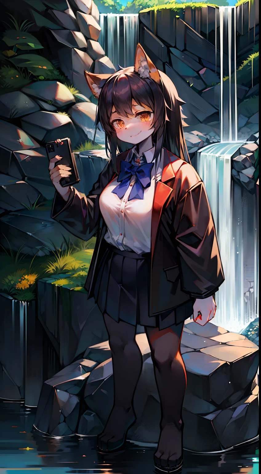 Solo, kemono, female, tall, black hair, orange eyes, wear Japan student shirt, wear Japan student skirt, wear blue bow tie, look at camera, smile, standing on big rock, waterfall background, noon time