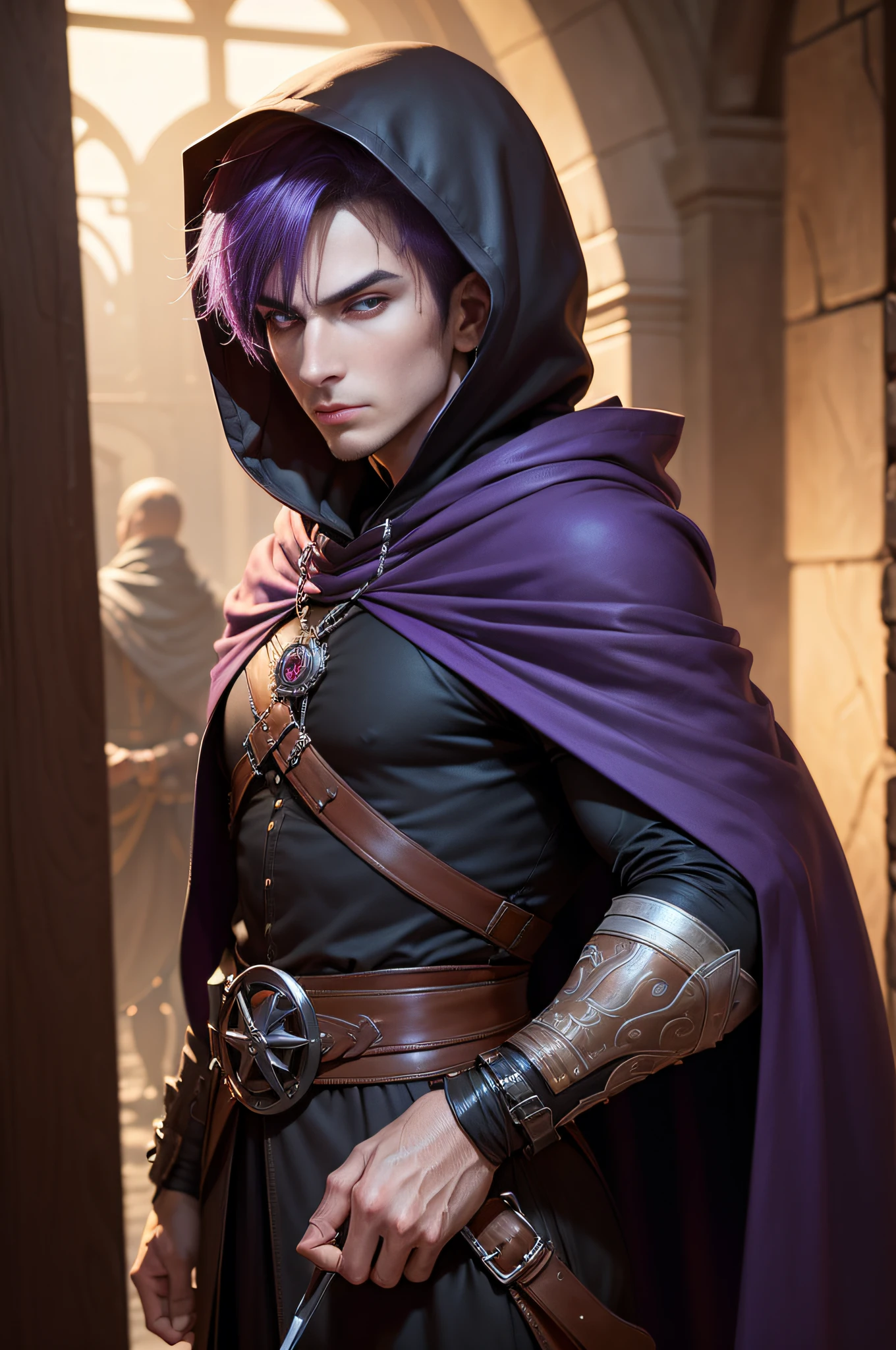 (((masterpiece, best quality, ultra detailed))), (male talented assassin, eliminate a target, scary looking, unapproachable vibe, expressionless, serious, perfect fingers, perfect hands, looking at viewer), 35 years old, (medieval Assassin costumes, assassin cloak, hooded), medieval guild as background, at night, backlighting, darkness, from above, dynamic angle, indoor, purple hair, very short hair, male face, male eyebrows, male eyes, sharp nose, adam's apple, (sharp eyes), red pupils glowing red,