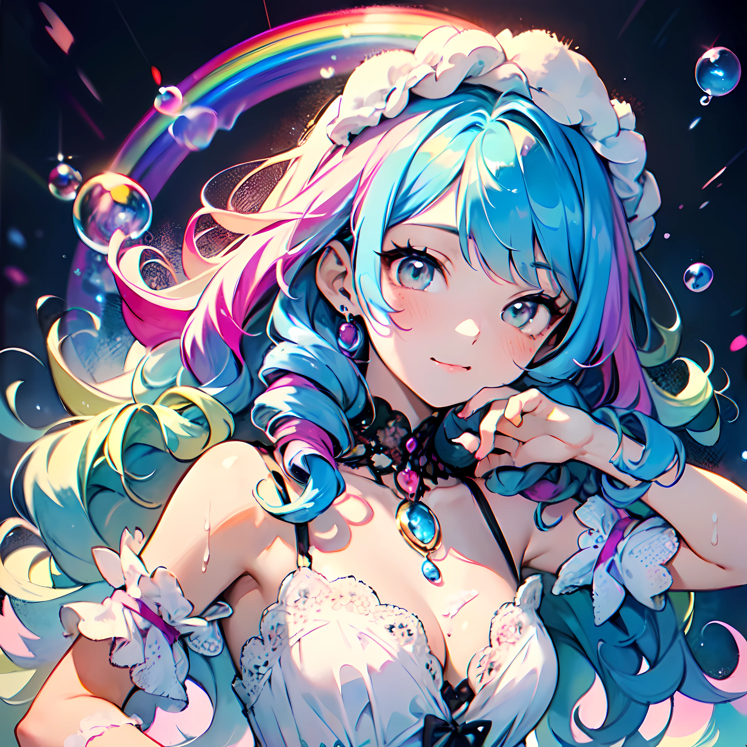 dreamily cute、 a pale、Moya、 (masterpiece、 top-quality、 top-quality、 watercolor paiting (Curly)、 The upper part of the body、 (rainbow-colored hair : 1.2) 、 Soap bubbles、 Rainbow behind、clouds、 colourfull、Soap bubbles、 Spread throughout、 kawaii、 pastels、 sweets、 Loose fluffy