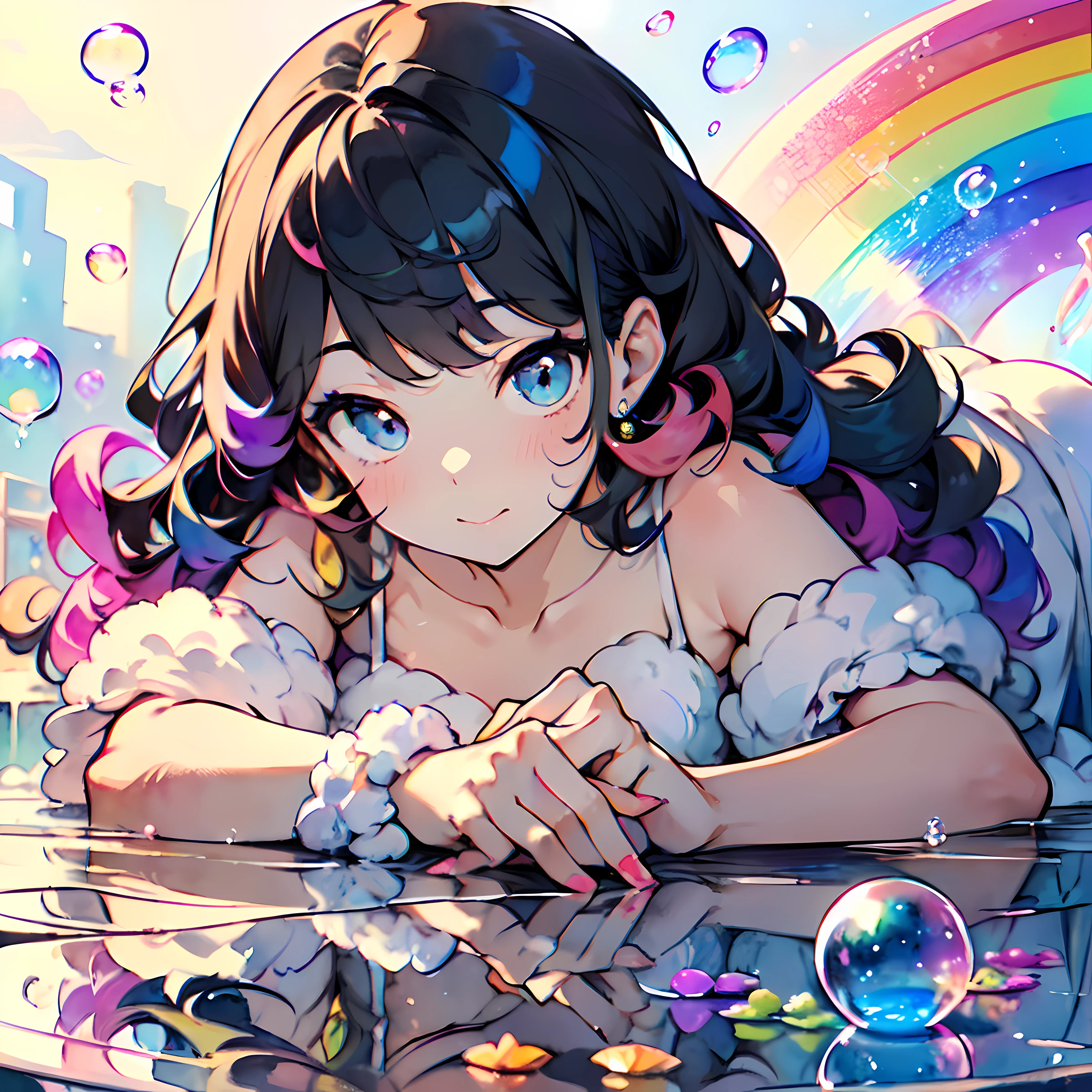 dreamily cute、 a pale、Moya、 (masterpiece、 top-quality、 top-quality、 watercolor paiting (Curly)、 The upper part of the body、 (rainbow-colored hair : 1.2) 、 Soap bubbles、 Rainbow behind、clouds、 colourfull、Soap bubbles、 Spread throughout、 kawaii、 pastels、 sweets、 Loose fluffy