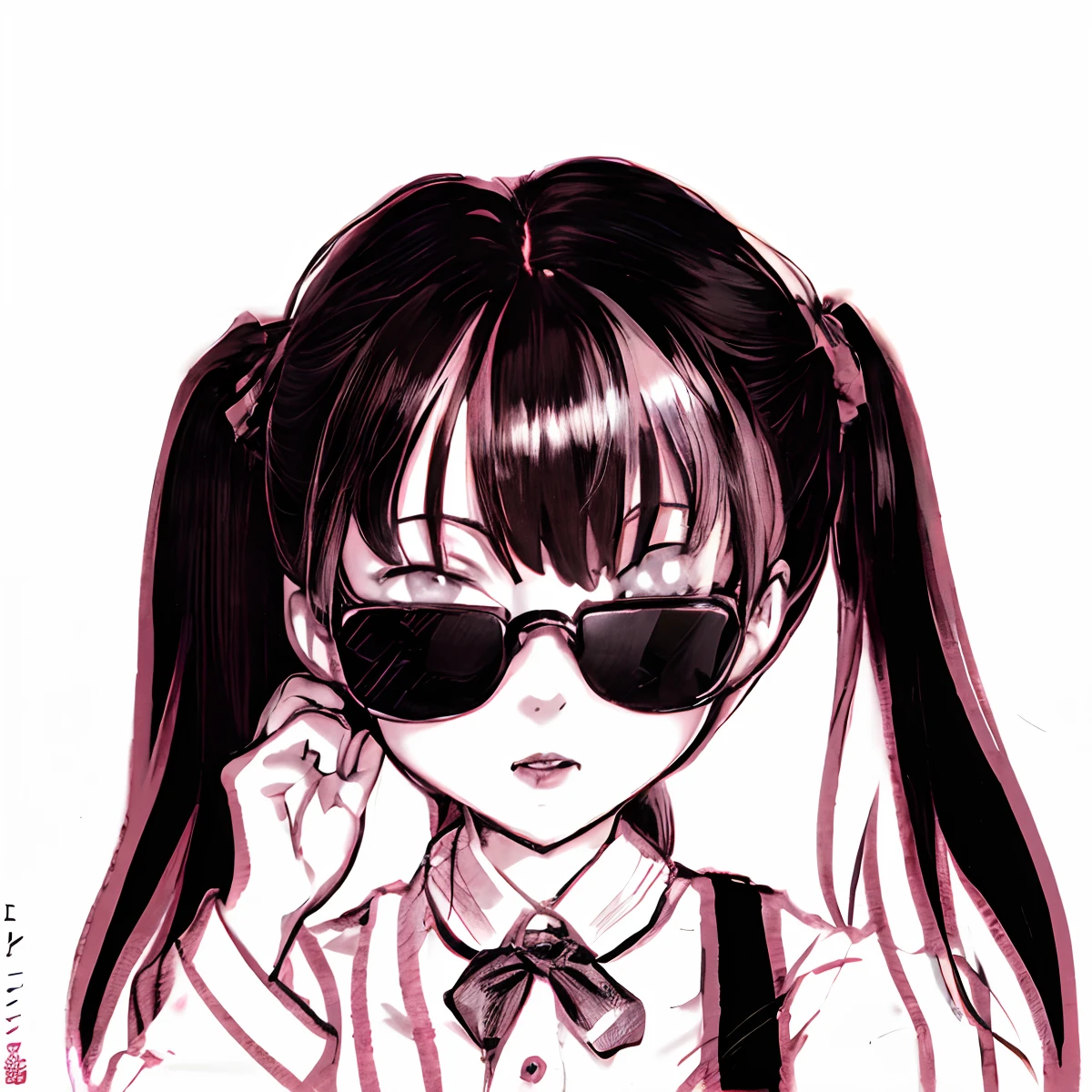 anime girl with sunglasses and a tie and a bow tie, red hair, junko enoshima, style of hajime isayama, by Yumihiko Amano, portrait of radical lolita girl, satoshi kon artstyle, by Yamagata Hiro, shohei otomo, anime style portrait, by Kentaro Miura, by Shinoda Toko