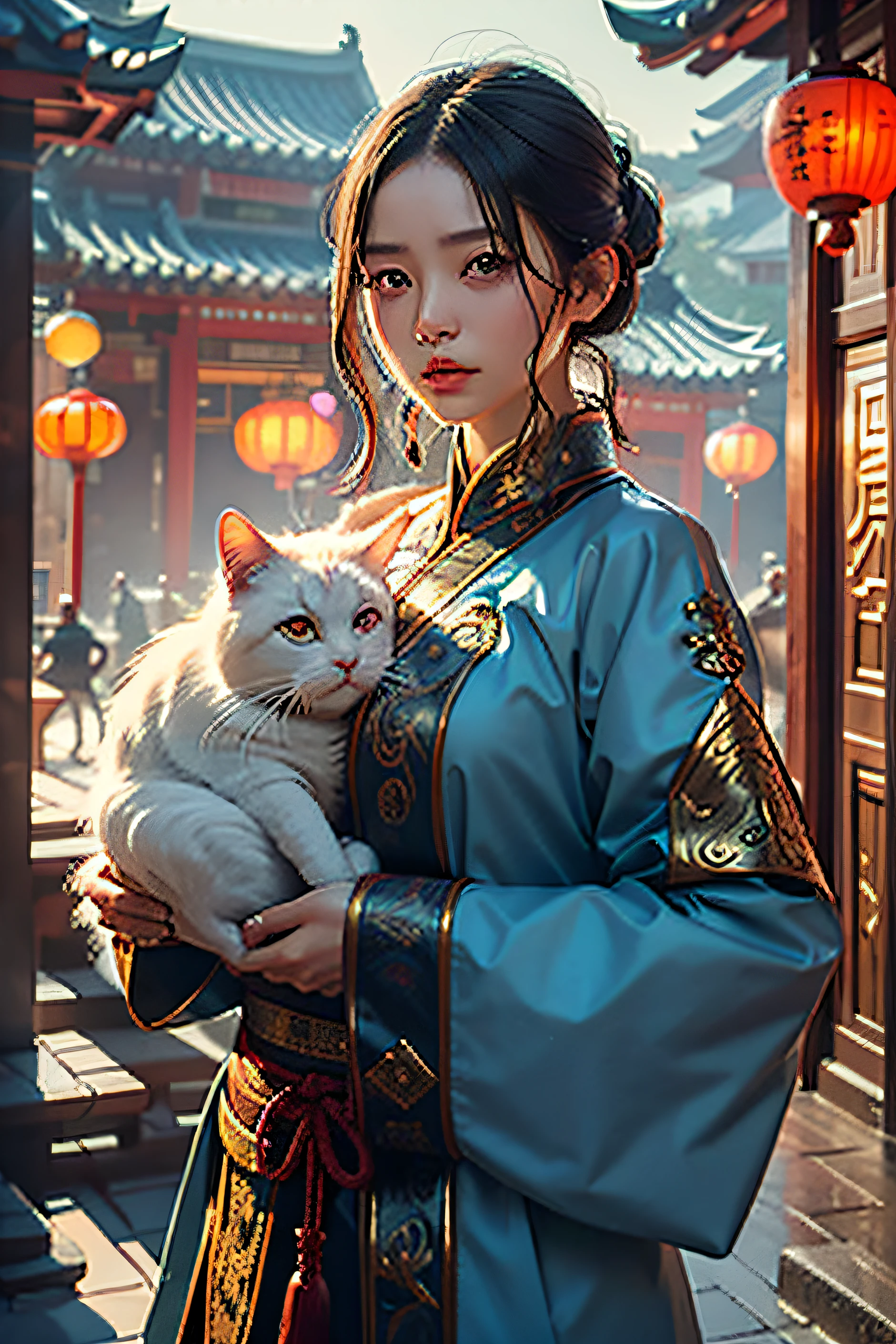 best qualtiy,tmasterpiece,超高分辨率,(realisticlying:1.4),xiuxian,arma,Detal Face,
1girll,独奏,arma,,(Magical Circle:1.2),xiuxian,The upper part of the body,a beauty girl,full bodyesbian,east asian architecture,jacket,buliding,China-style,Slightly turned around, holding a white cat in his arms