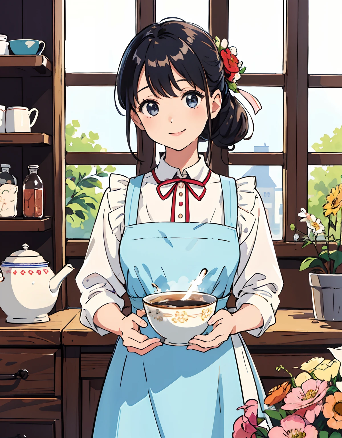 (top-quality、​masterpiece)、Cover of women's cooking magazine、1girl in、30-years old、A stunning、cute little、Heartwarming smile、The figure of the hourglass、Wearing a floral dress、Pinney Apron、Beautiful food、Texto、diagrams、advertisement、Magazine Titles