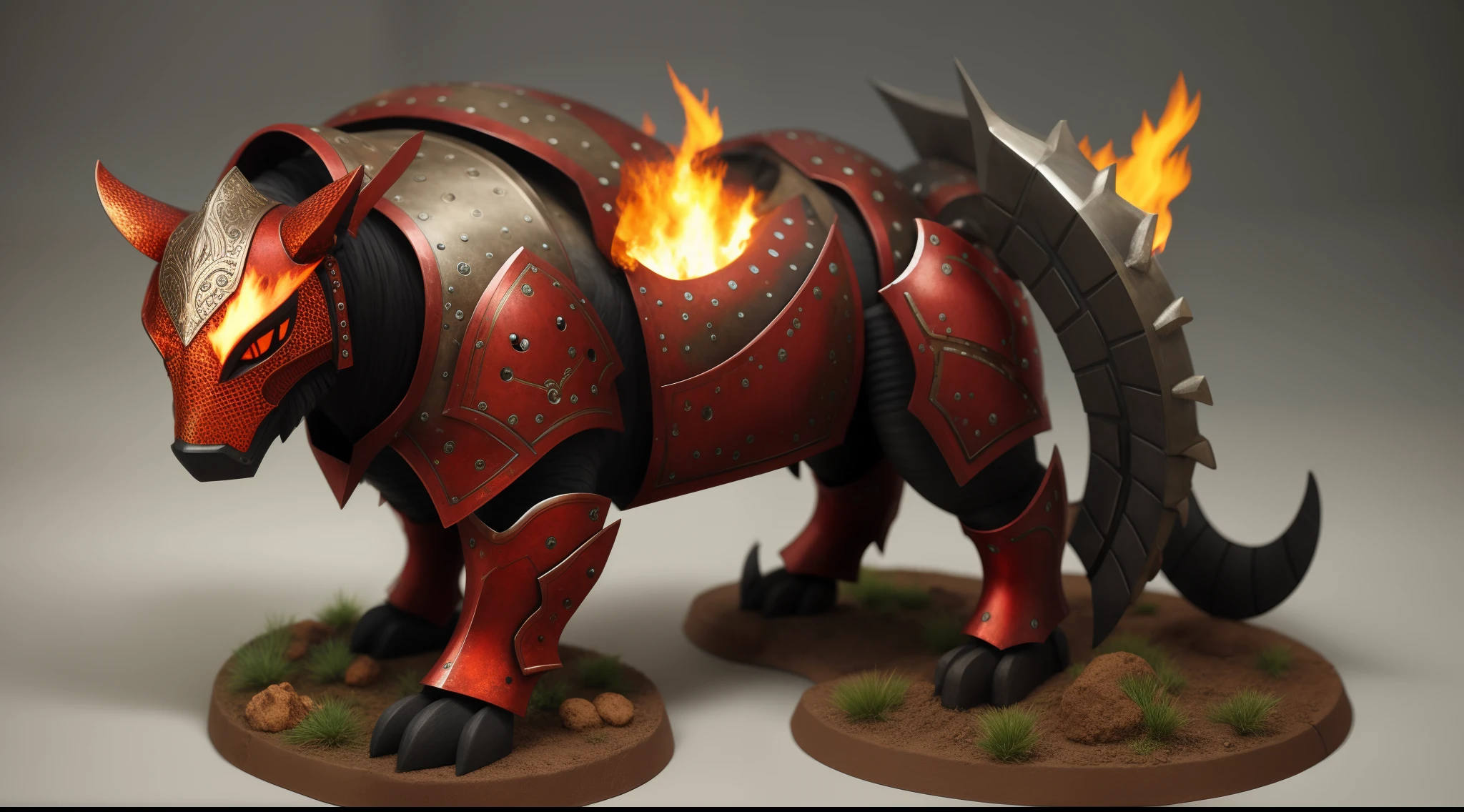 (Any animal), in iron armor, with a fiery pattern, Tail out of the fire, 4k, higly detailed, hight resolution.