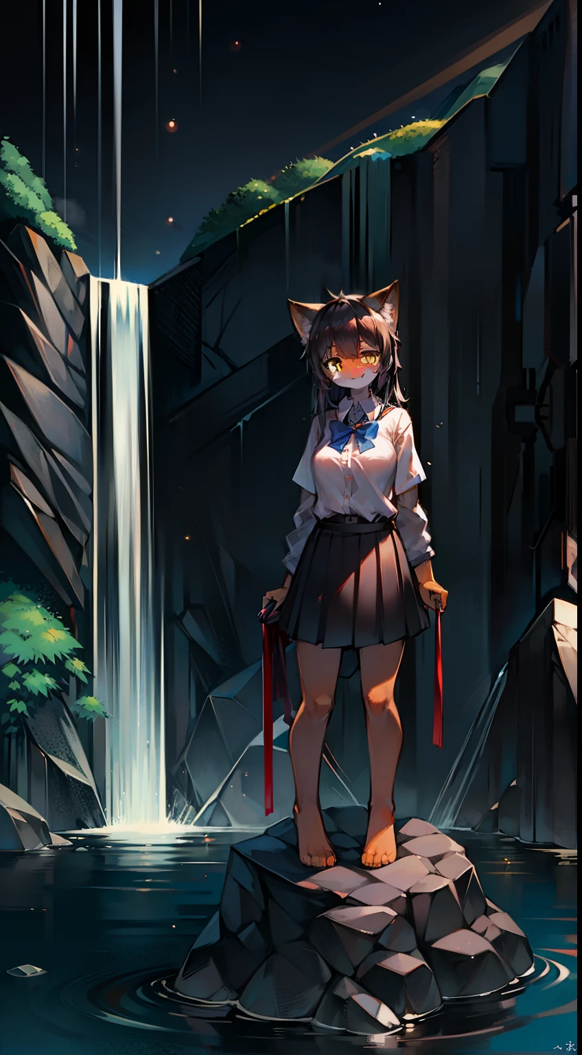Solo, kemono, female, tall, black hair, orange eyes, wear Japan student shirt, wear Japan student skirt, wear blue bow tie, look at camera, smile, standing on big rock, waterfall background, noon time