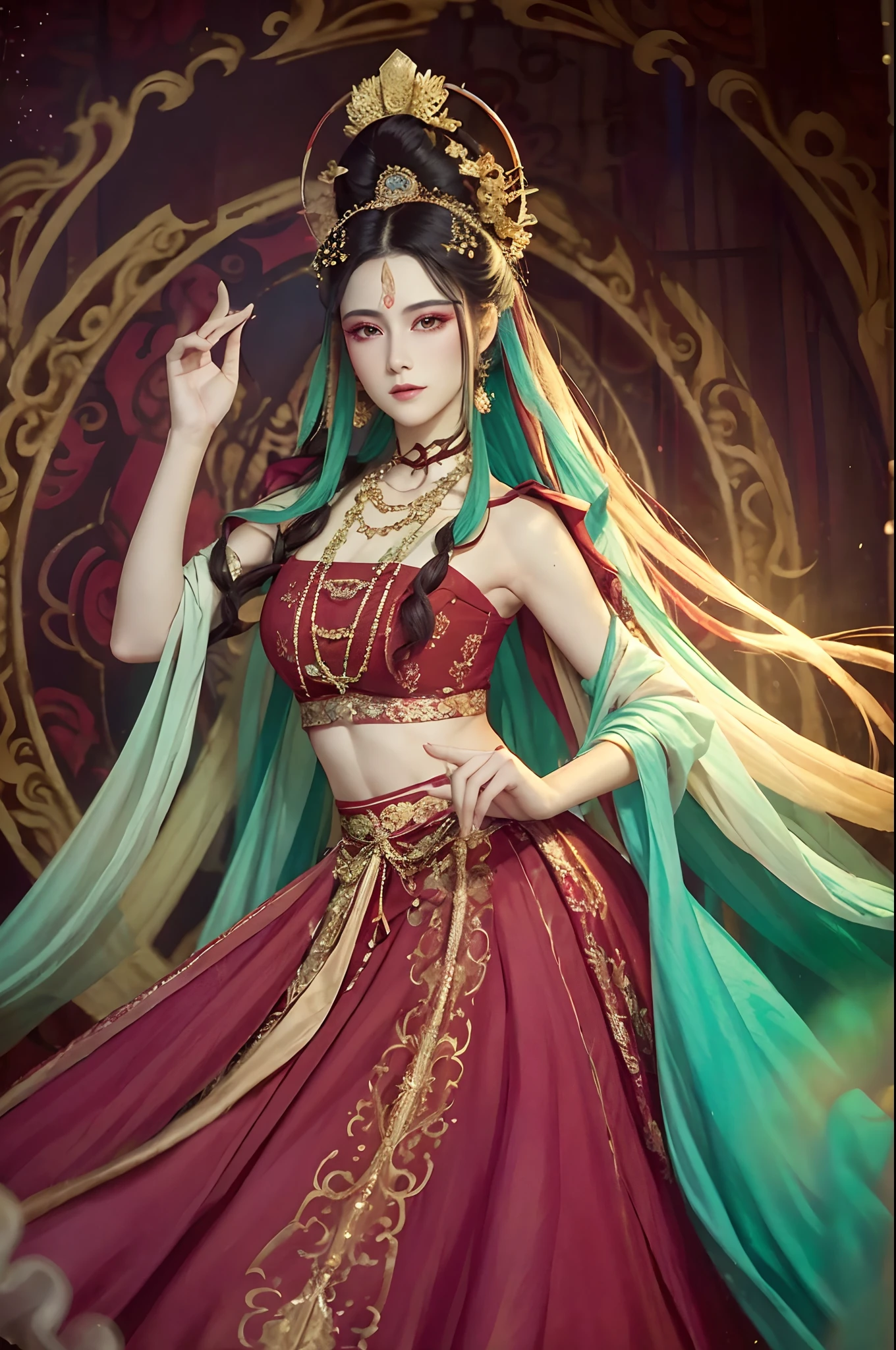 HighestQuali,tmasterpiece:1.3,One has red eyeshadow,Beautiful woman in period costume,Extraordinary temperament:1.3,Ancient wind,long skirt,Cloth,faeries,divino,color,rim-light,Flashy clothes,Long flowing hair,Complex pattern background,Delicate facial features,Delicate and beautiful face,dunhuang,