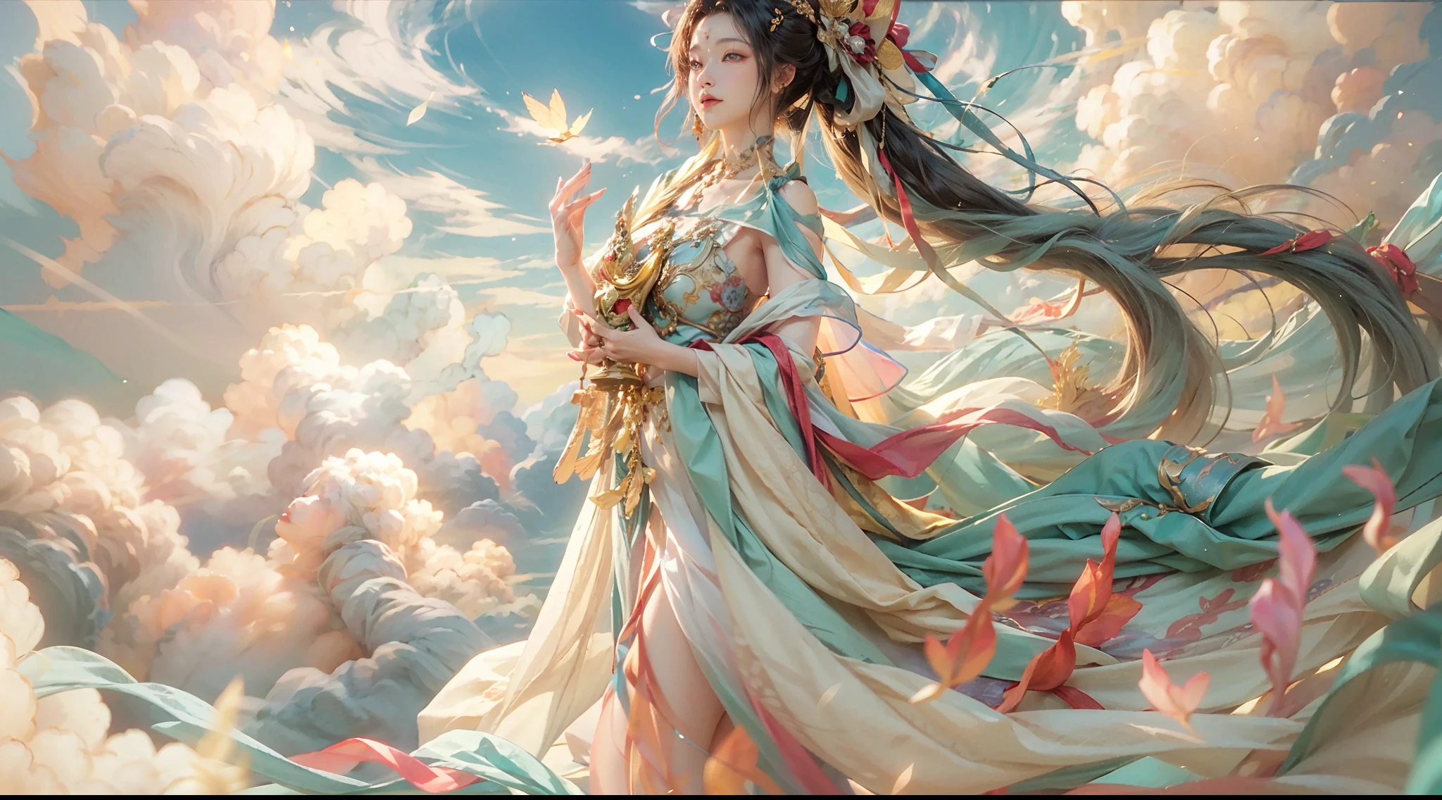 （Beauty fairy）, （Buddhism），（dunhuang）, （bodhisattva）, She flew in the air, Colorful silk cloth flutters，Clouds surround，（Delicate, Beautiful and beautiful facial features）, （White silk robe）, Foot on auspicious clouds，Frontal photo，Light smile, neo-classical, OP Art, Chiaroscuro, Cinematic lighting, god light, Ray tracing, character sheets, projected inset, first person perspective, hyper HD, Masterpiece, ccurate, Textured skin, Super detail, High details, High quality, Award-Awarded, Best quality, A high resolution, 8K，Ultra-high sharpness，Clear face