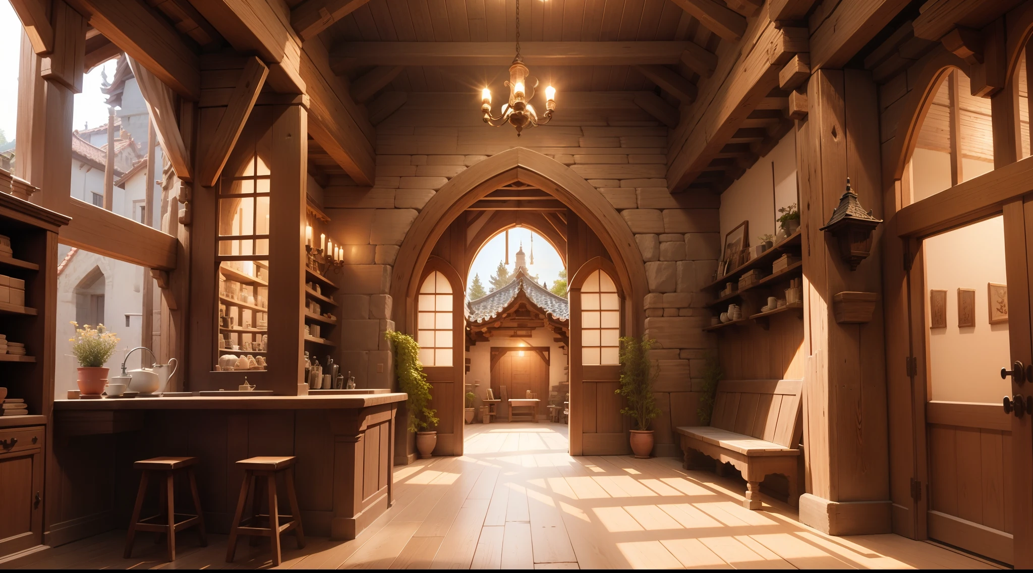 Buildings with wooden beams, Buttress, liang, Wooden support, interior view,、Ghibli、Made of stone and wood、hiquality、medieval times、Western style、Italian style、Salon、The back is a wall with no windows.
