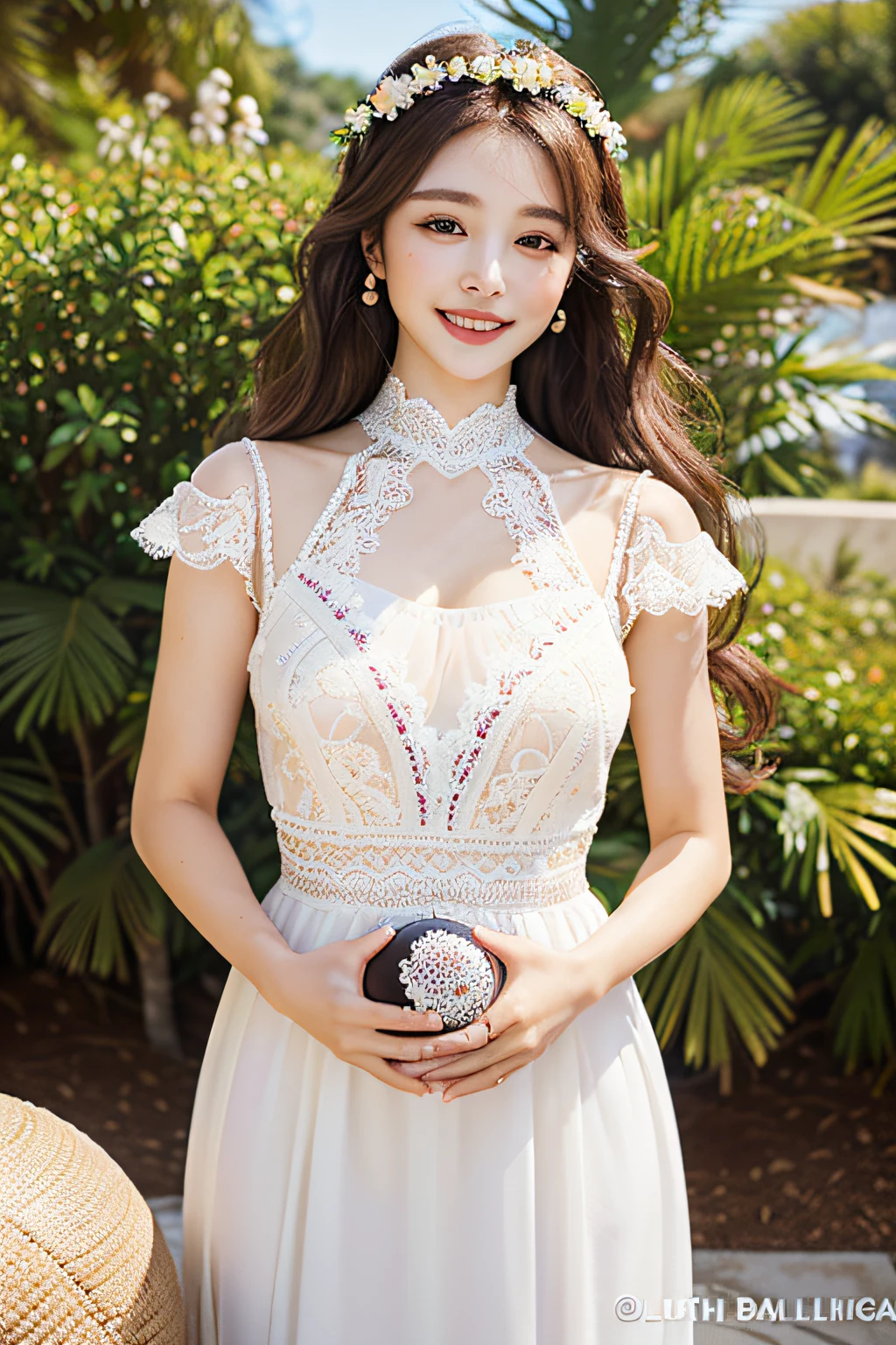 (8K high-quality masterpiece)、Looking at the camera、((Beautiful full body photo))、(Wavy curly hair、Beautiful wreath decoration on the head, immensity)、(Beautiful light)、 beauty lighting , good contrast、(1 Sexy woman:1.3、com rosto detalhado、二重まぶた、drooing eyes、Ears are visible)、((Light brown eyes、Two highlights in the eye、))、( striking beautiful flawless face symmetry) 、brunette color hair、a baby face、((A smile full of love))、attractive proportions, (((Lace ball dress,White delicate embroidery)))、Different angles(in poolside)、Ignore NSFW、
