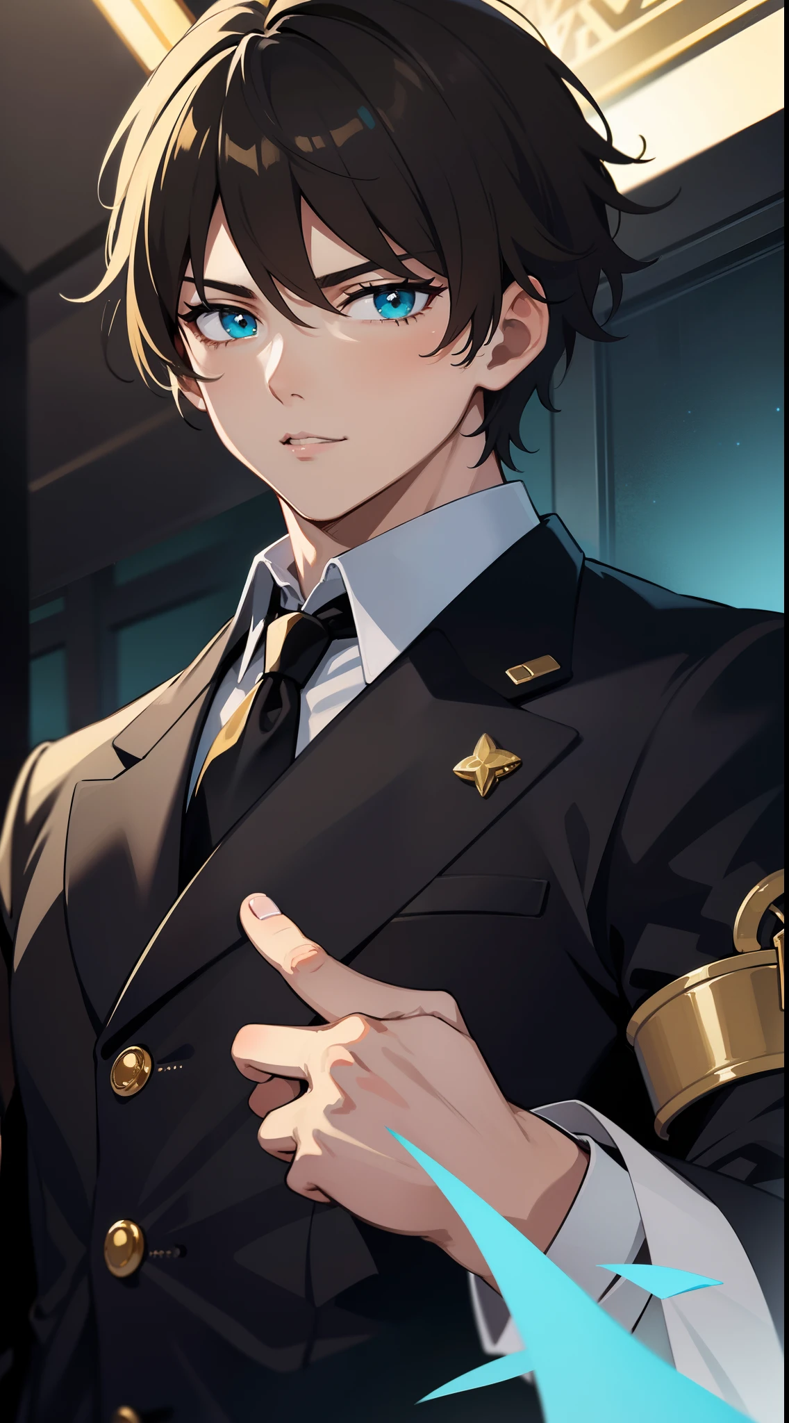 Young guy, short brown hair, Cyan eyes, Black suit with gold elements, Masterpiece, hiquality