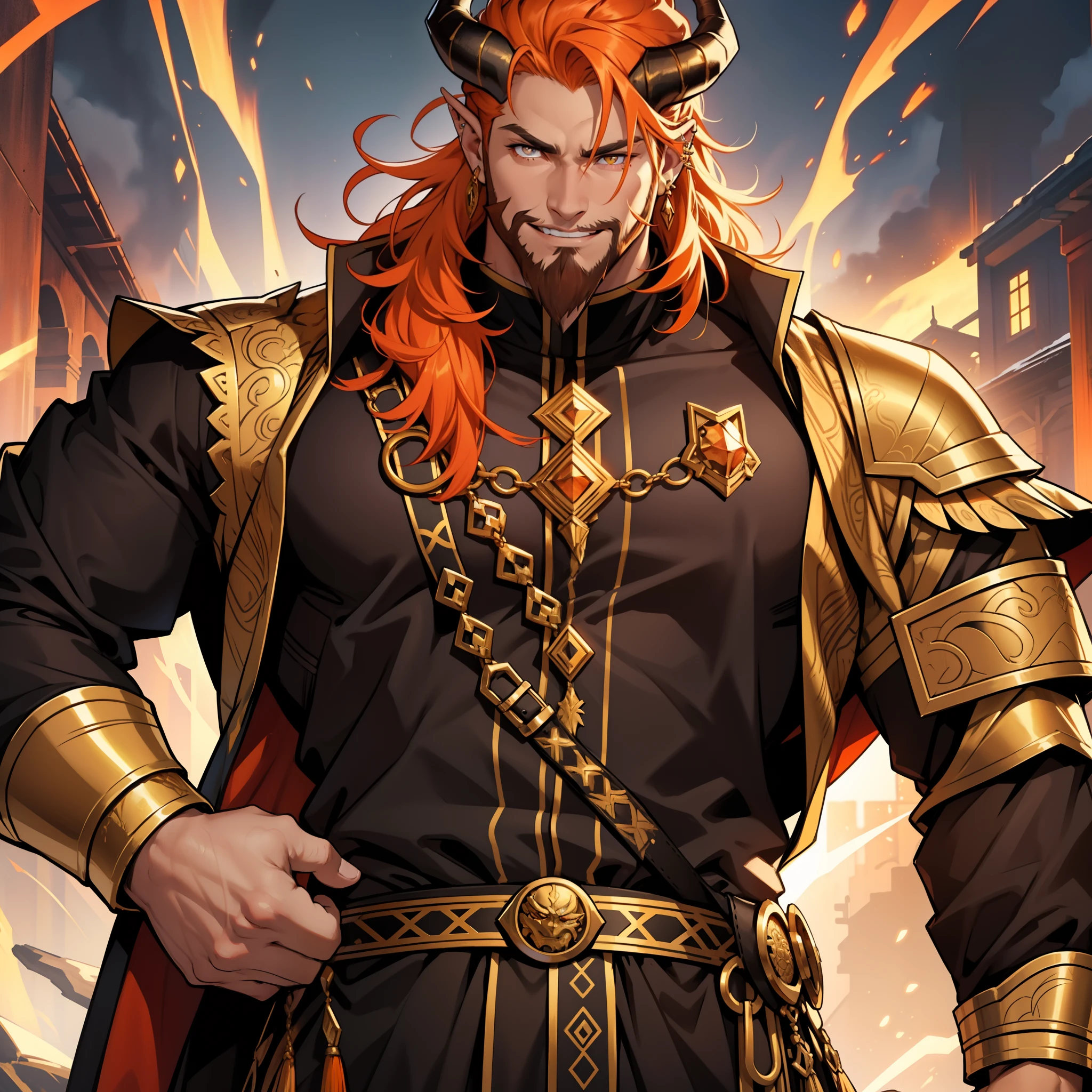 I have golden eyes, just like my friend Ares. I have bright orange hair, the color of a sunset. My skin is the perfect shade of light golden and I have pointed ears. I am quite tall and have a muscular body. I'm pretty cute if I do say so myself, which I do. Brown beard. Horns. Piercings. Wearing clothes fitted for a demon Prince. Short hair. Black and gold robe. Full beard. face with strong jaw. Smiling.
