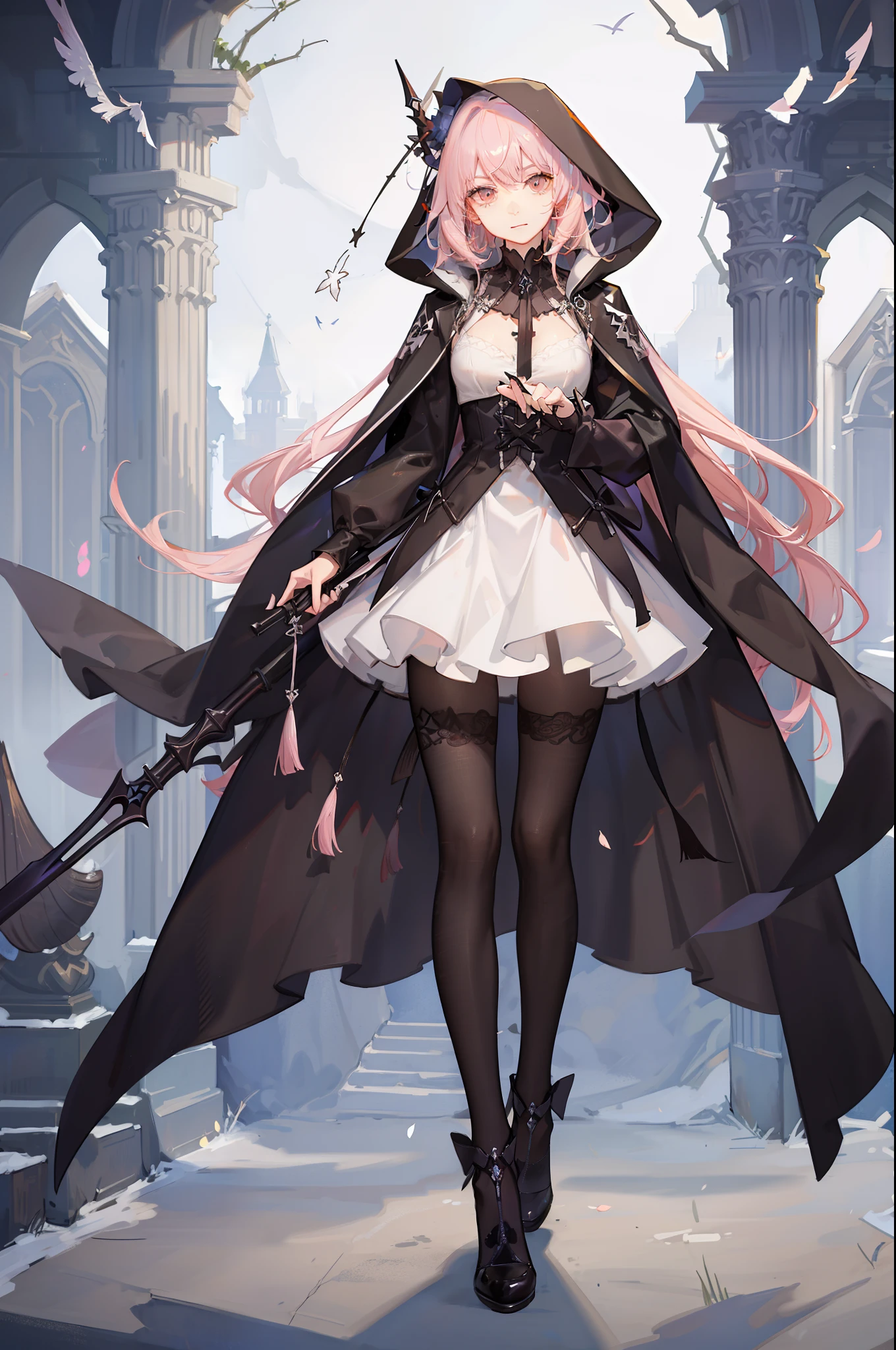 Cute hooded Grim Reaper shrouded in dark mist,Wielding a scythe,Emerge from the swirling shadows.Stand in the Cemetery of Forgotten Souls.(Light brown and light pink striped hair:1.3,),Perfect face,Proper body proportion,masutepiece,Super high-quality output images,超A high resolution,Intricate details,Very delicate and beautiful hair,photographrealistic,Dreamy,Professional Lighting,realistic shadow,Solo Focus,Beautiful hands,Beautiful fingers,Detailed finger features,detailed clothes features,Detailed hair features,detailed facial features,
