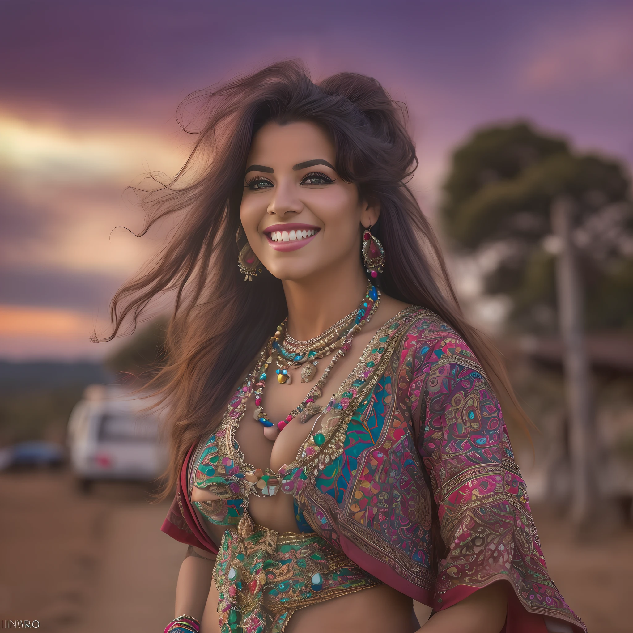 Mulher cigana linda,sorriso sedutor,cabelos castanhos 29 anos,imagem 8k uHD,oi superior,Nikon D700,foto RW.(Typical gypsy clothing,brinco,colar,pulseiras,fim de tarde,beautiful sky,gorgeous breasts more not exposed)