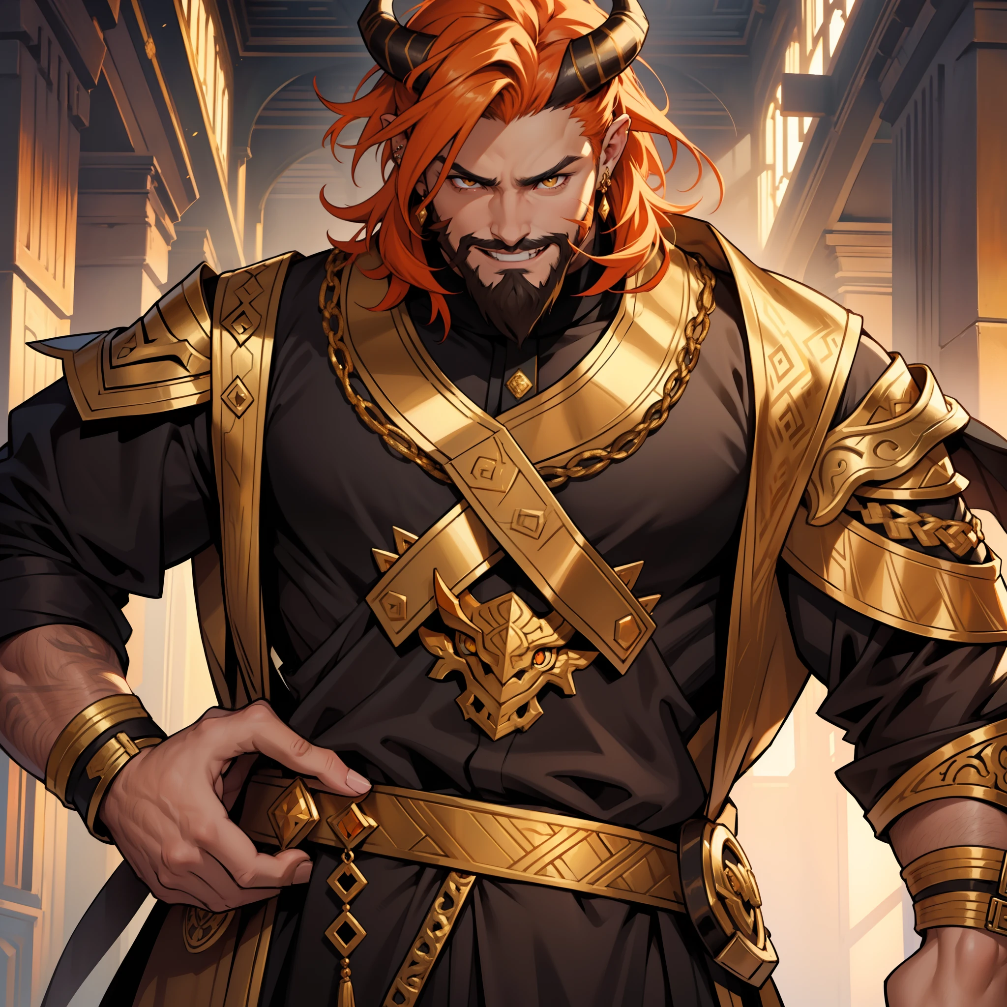 I have golden eyes, just like my friend Ares. I have bright orange hair, the color of a sunset. My skin is the perfect shade of light golden and I have pointed ears. I am quite tall and have a muscular body. I'm pretty cute if I do say so myself, which I do. Brown beard. Horns. Piercings. Wearing clothes fitted for a demon Prince. Short hair. Black and gold robe. Full beard. face with strong jaw. Smiling.
