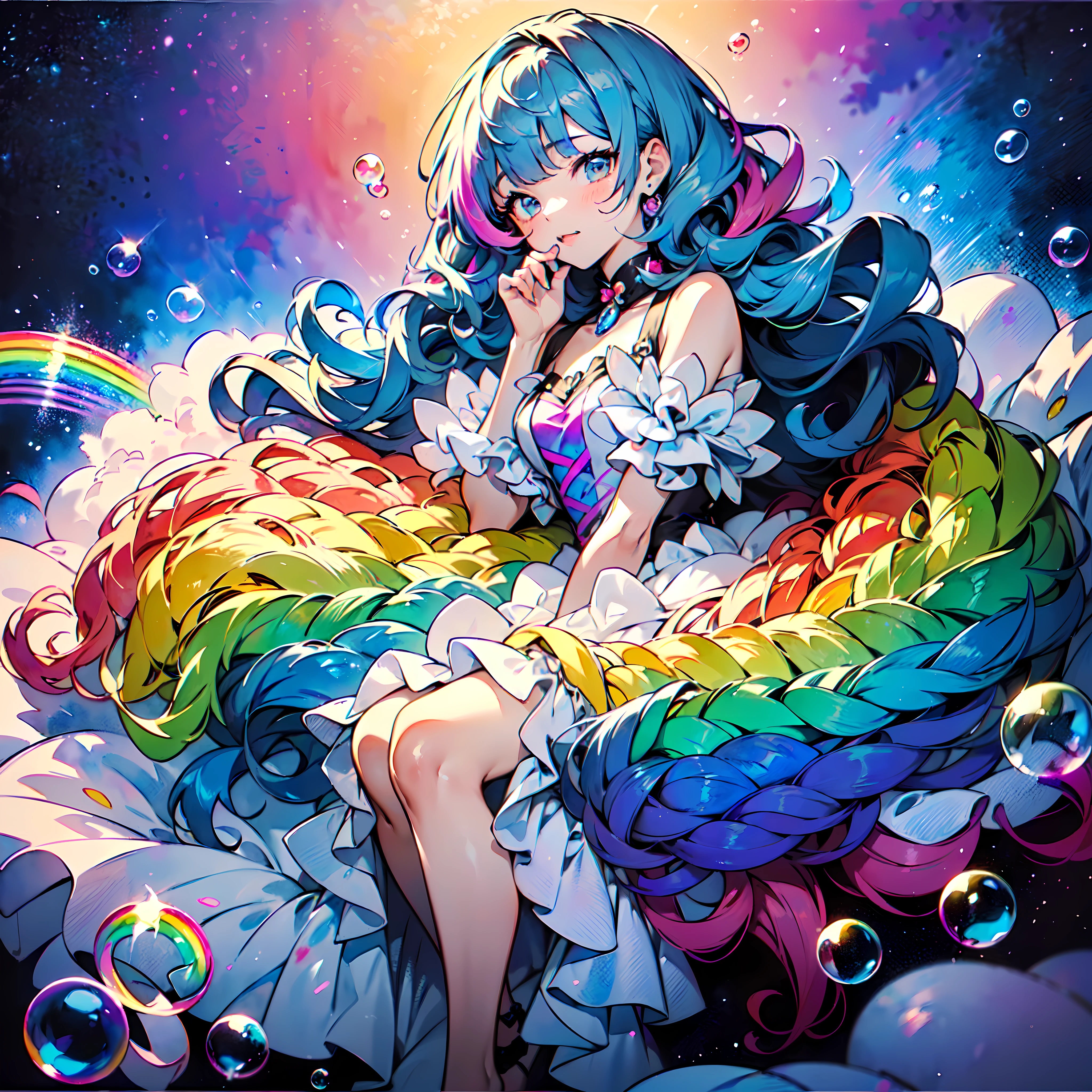 dreamily cute、 a pale、Moya、 (​masterpiece、 top-quality、 top-quality、 watercolor paiting (Curly)、 The upper part of the body、 (rainbow-colored hair : 1.2) 、 Soap bubbles、 Rainbow behind、​​clouds、 colourfull、Soap bubbles、 Spread throughout、 kawaii、 pastels、 sweets、 Loose fluffy