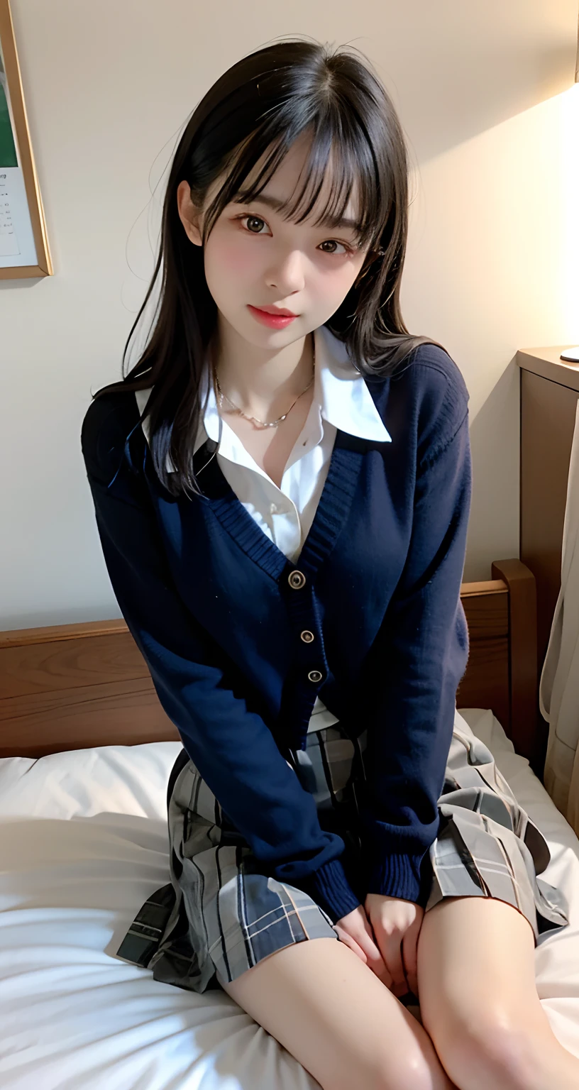 ((top-quality、​masterpiece))、Raw photography、8K、top-quality、 超A high resolution、Beautiful face in every detail、Realistic human skin、Gentle expression、front-facing view、Farbe々From an angle、length hair、realisitic、Photorealsitic、cute little、a short skirt、cute school girl、Japan schoolgirl wearing uniform、Surreal High School Girl、(wrist watch)、a bed、Bedroom、a necklace、